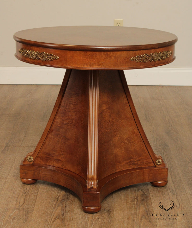 Henredon Charles X Empire Style Pair Burlwood Round Pedestal End Tables