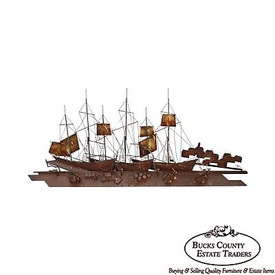 Curtis Jere Large Rusted Metal Wall Sculpture of Sailboats & Ships