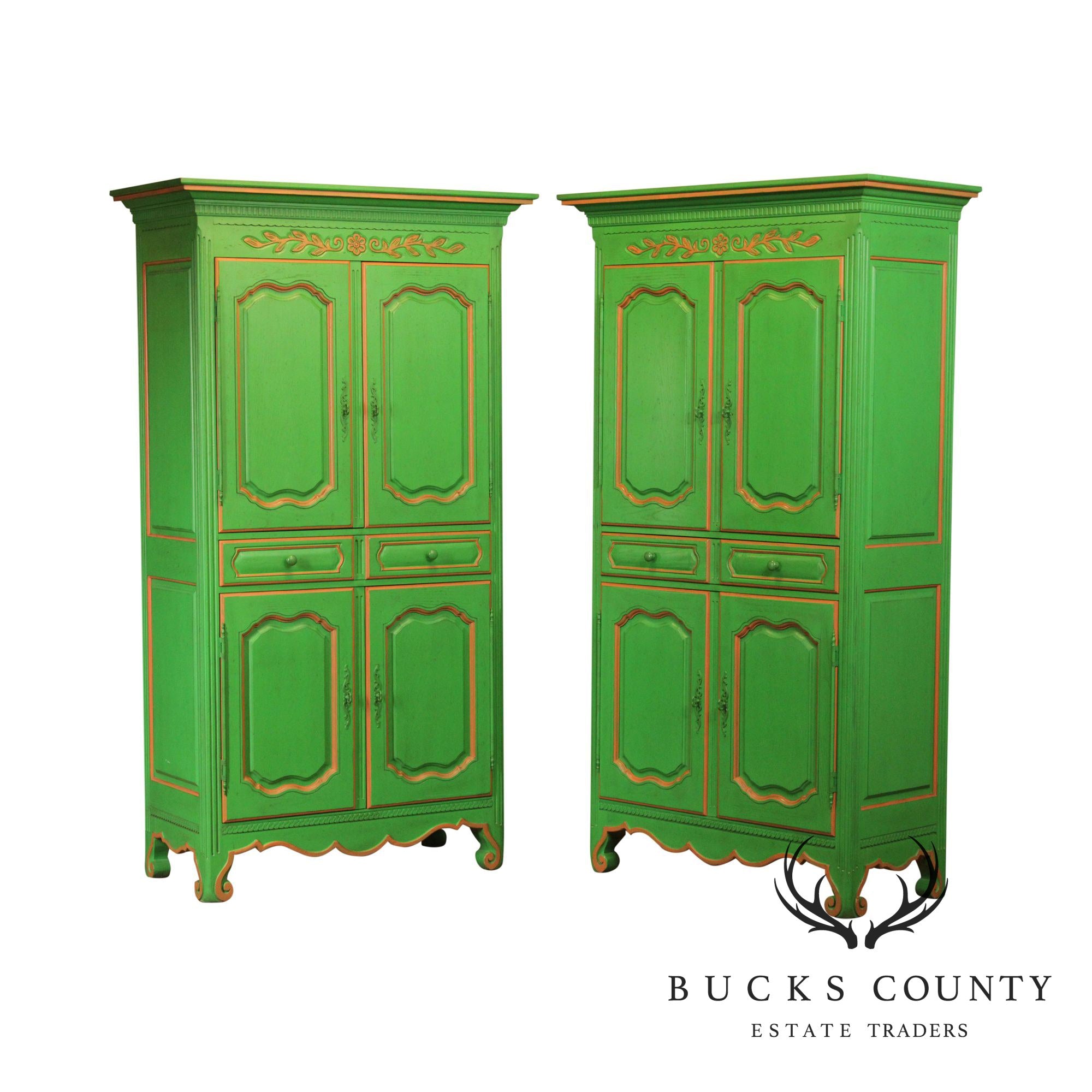 French Louis XV Style Custom Green Painted Pair Large Armoires