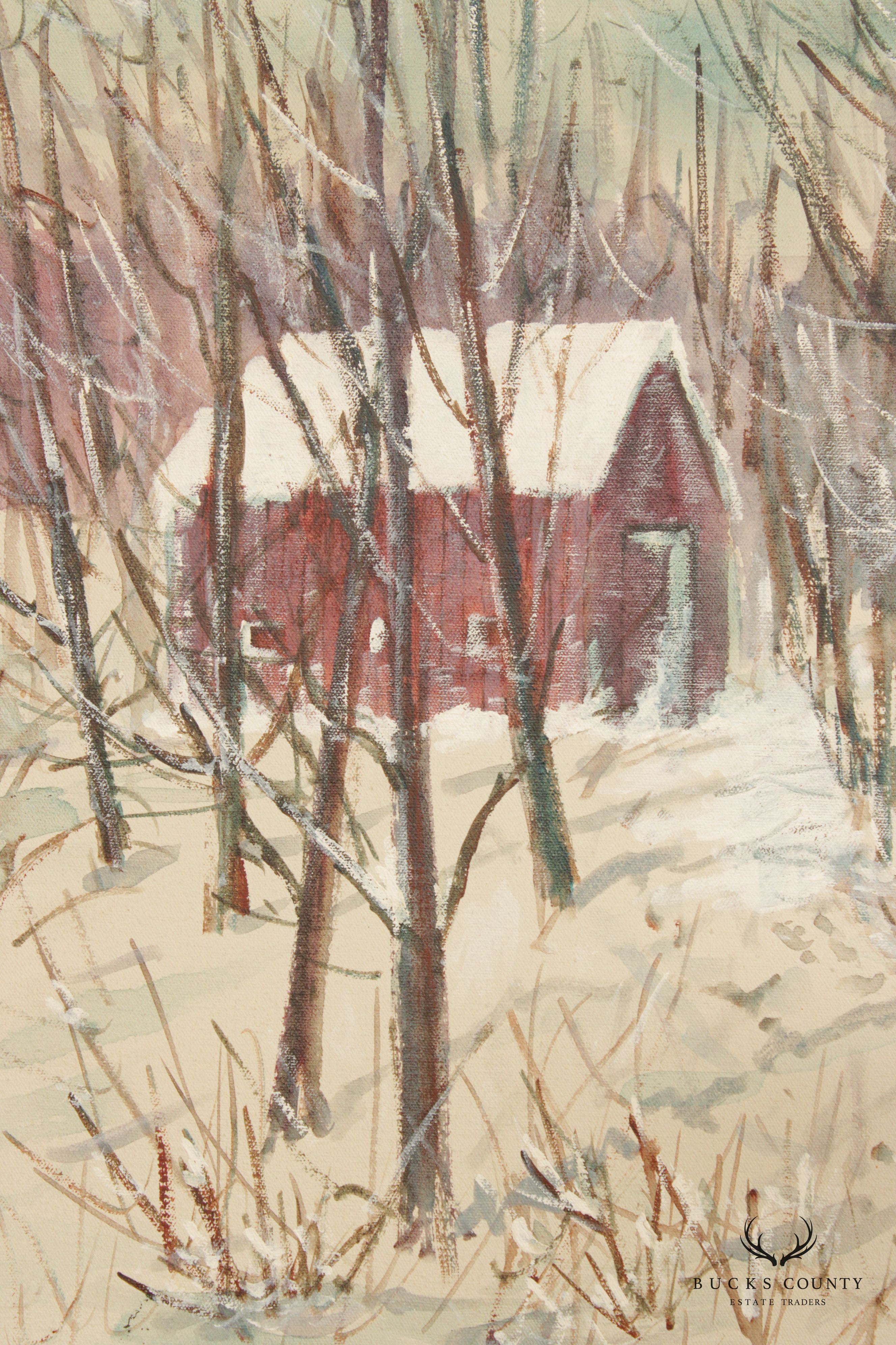 Carl Nickel Red Barn in Winter Landscape Oil Painting, Custom Framed