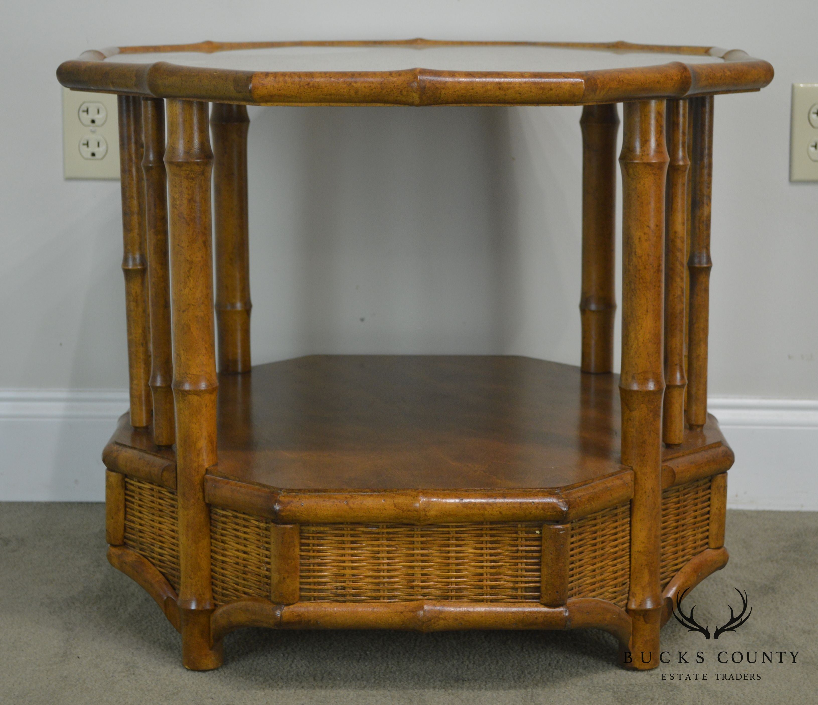 Faux Bamboo Octagon Wicker Top Side Table