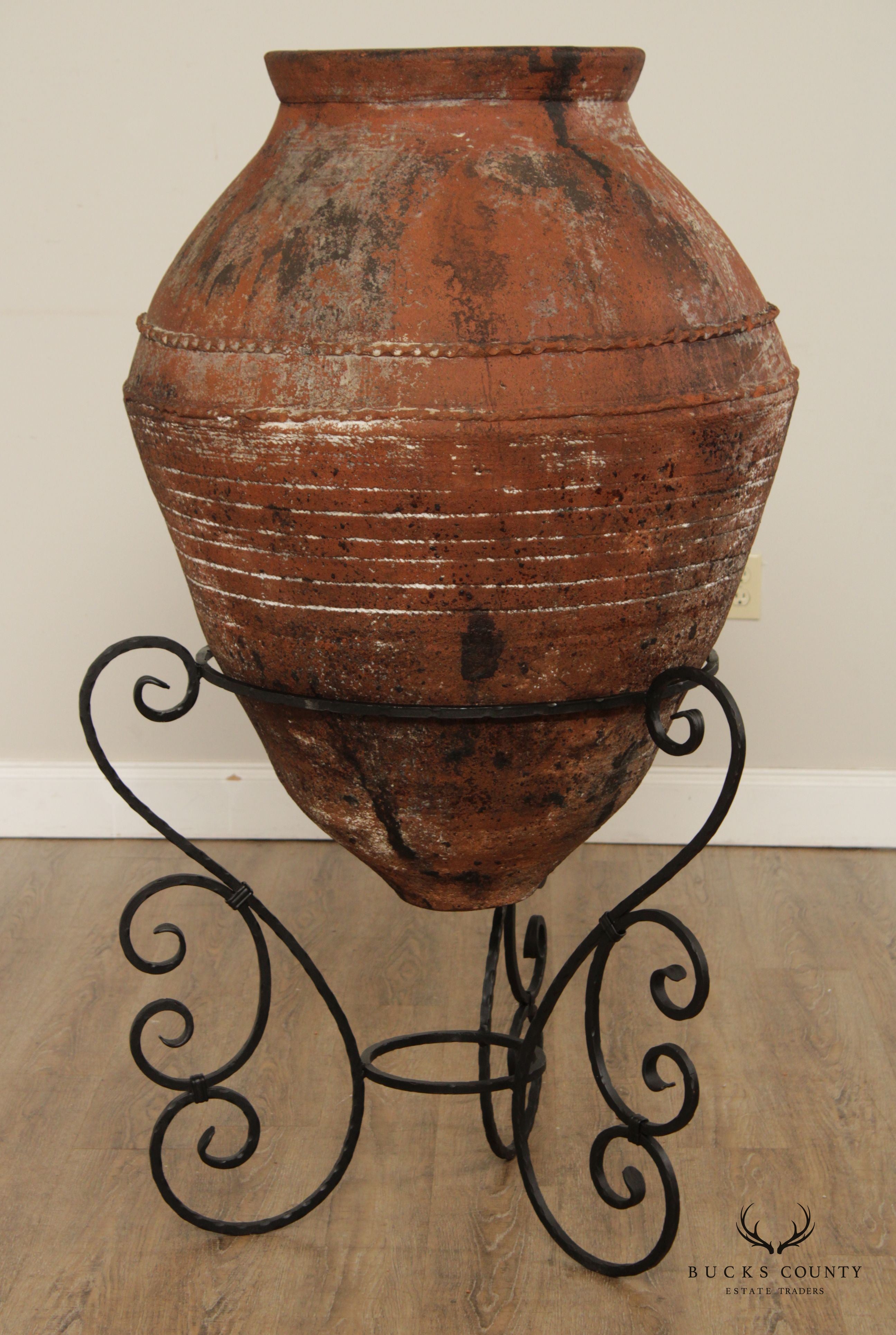 Antique Mediterranean Large Terra Cotta Amphora Floor Vase on Stand