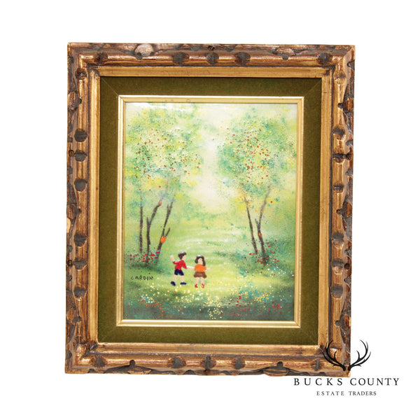 Louis Cardin Framed Enamel on Copper Painting, Children in the Wood