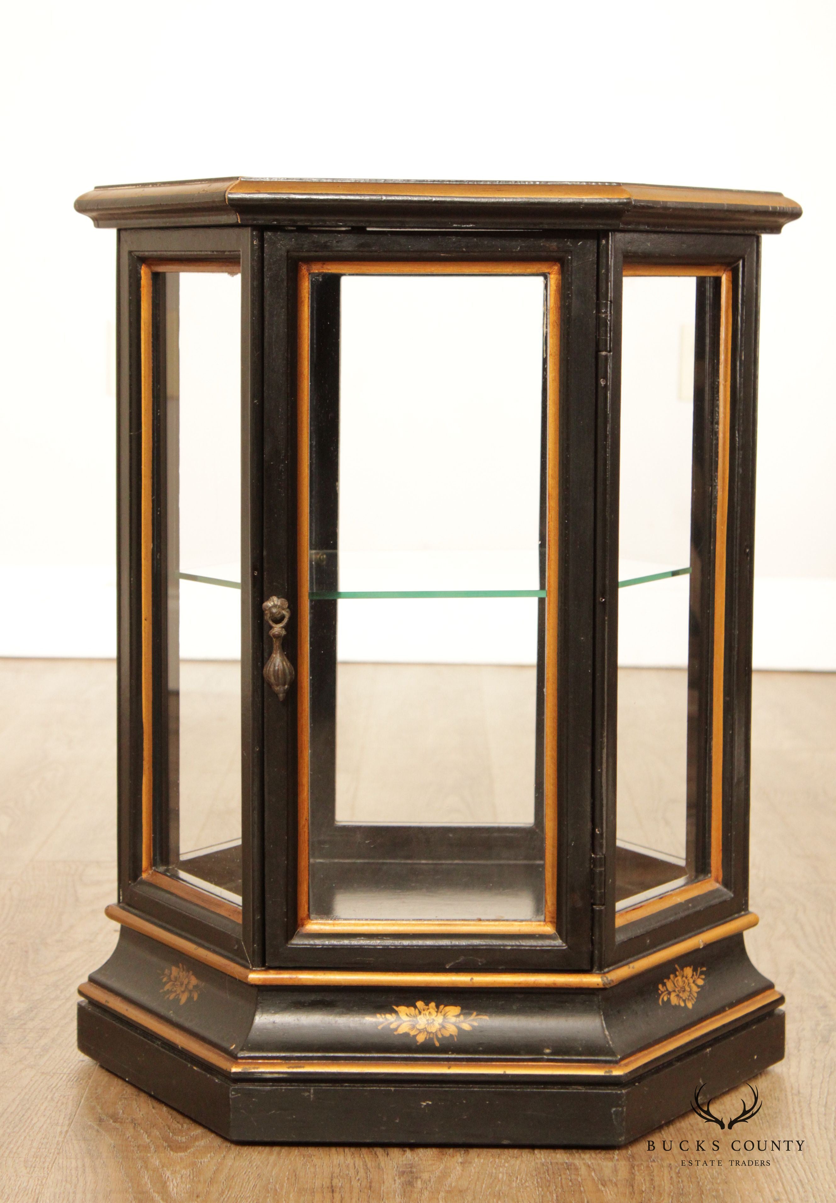 Chinoiserie Decorated Black and Gold Vitrine Side Table