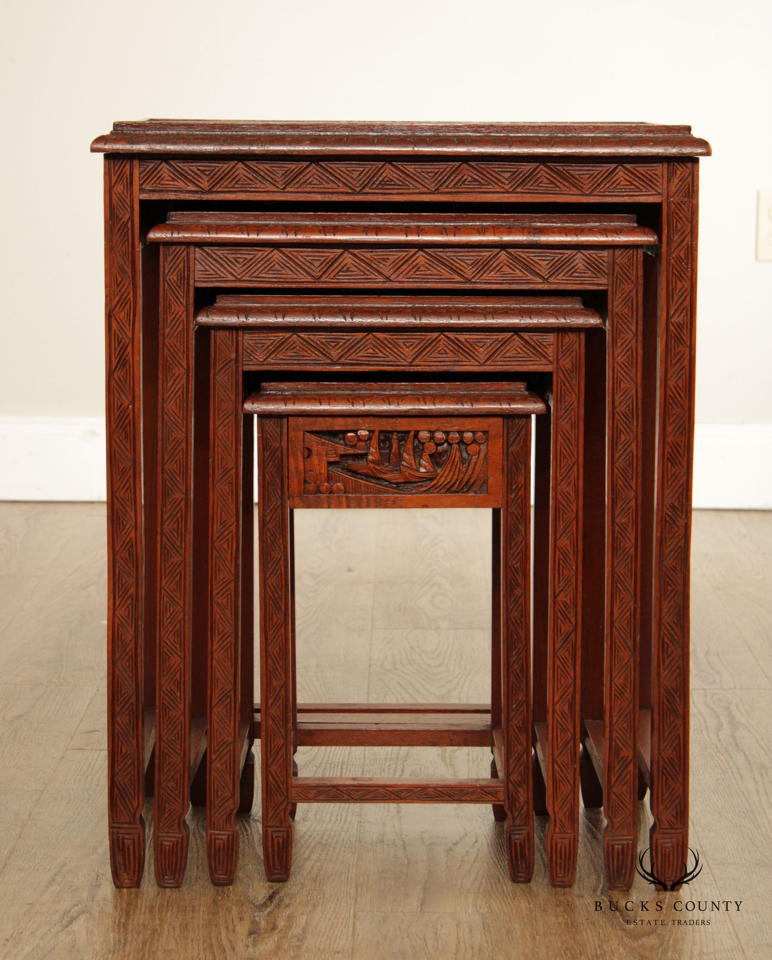 Chinoiserie Carved Set of Four Hardwood Glass Top Nesting Tables