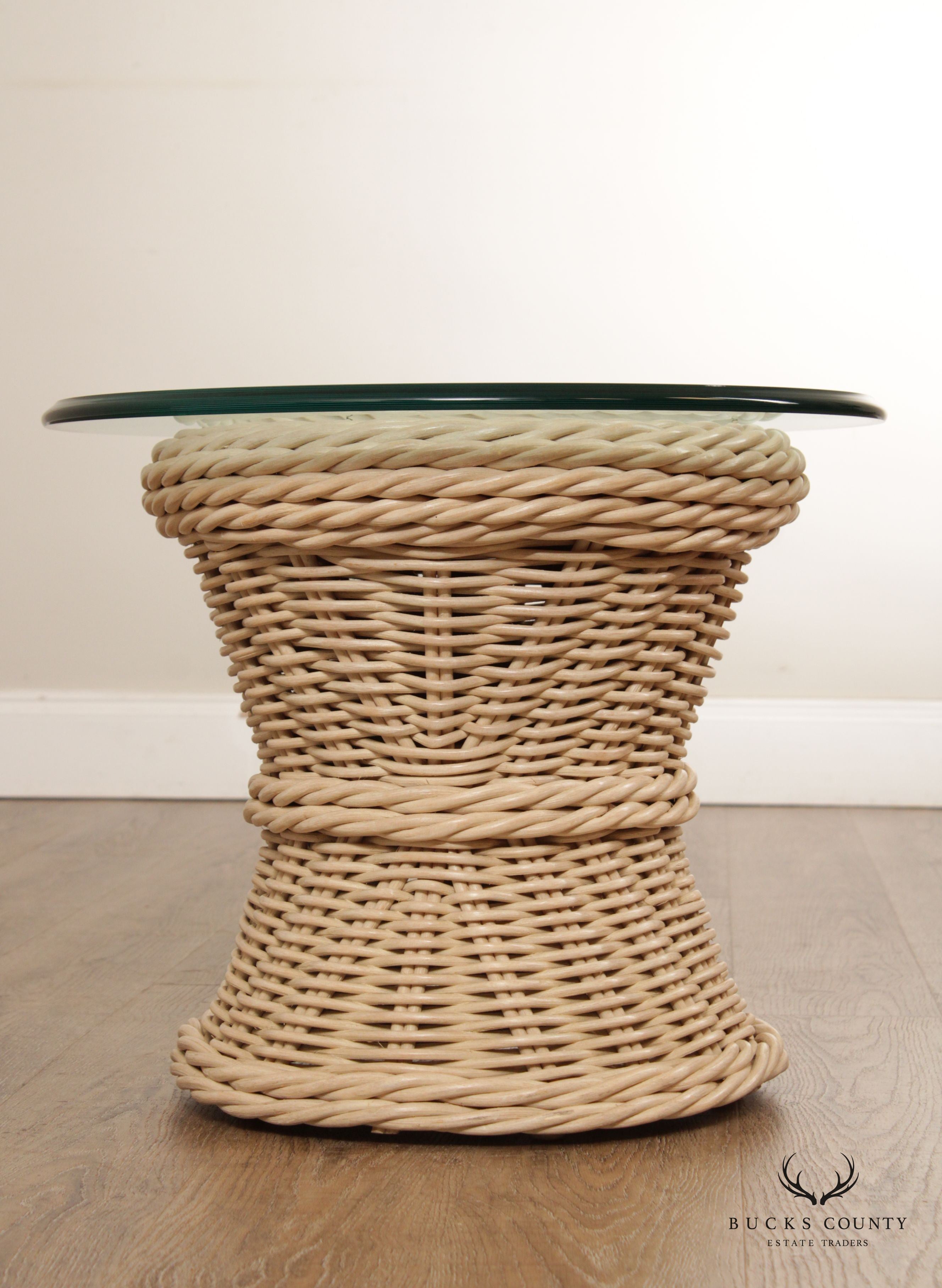 Quality Vintage Round Wicker Rattan Glass Top Side Table