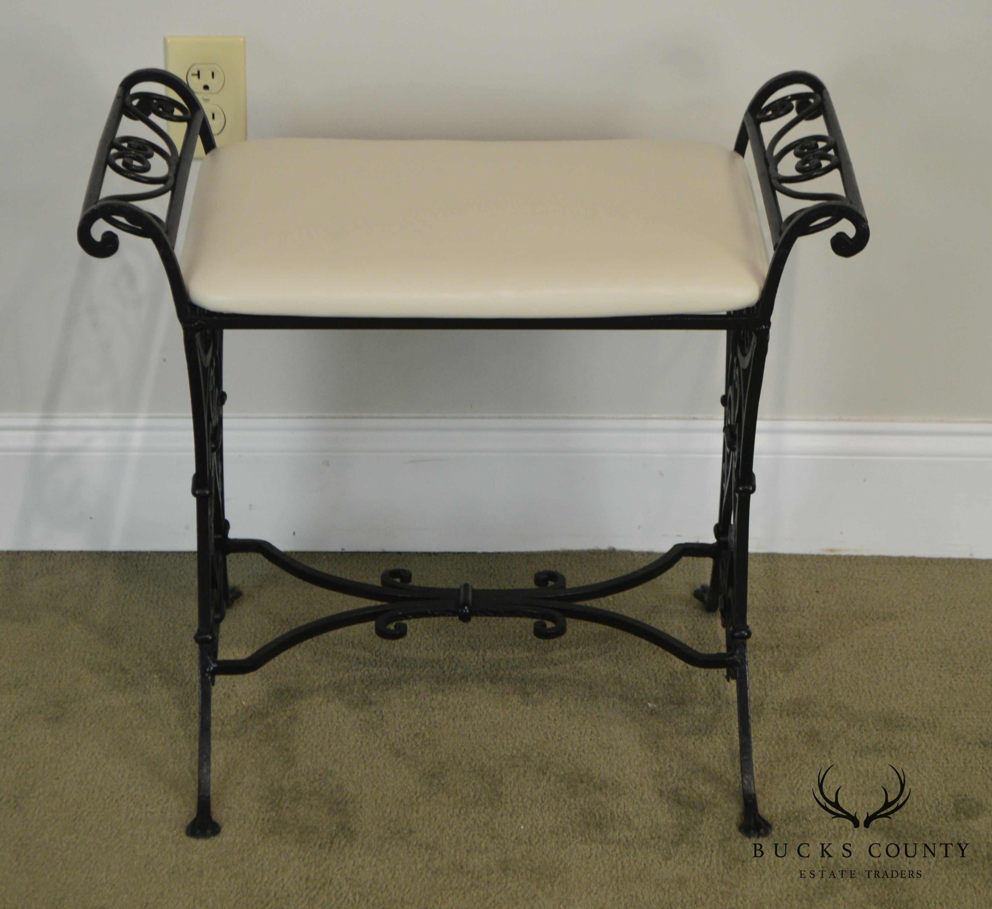 Wrought Iron Art Deco Period Vintage Leather Seat Bench