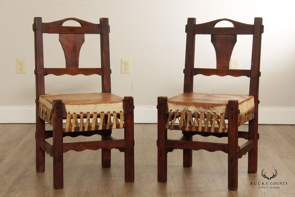 Southwestern Rustic Pair Leather Hide Side Chairs