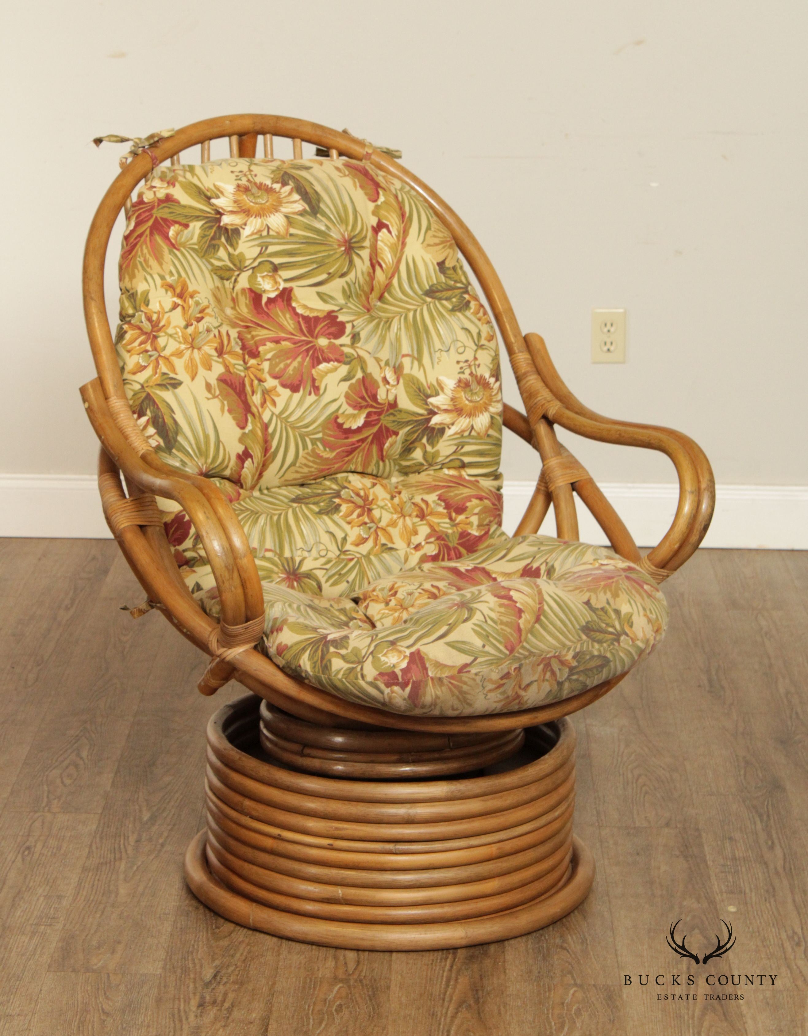 Mid Century Modern Pair Rattan Swivel Lounge Chairs with Ottoman