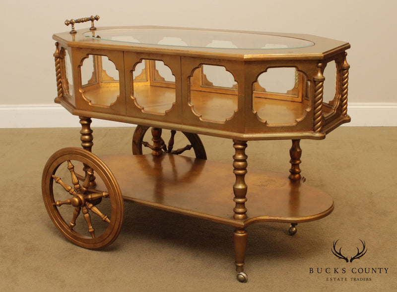 Hollywood Regency Vintage Gold Leaf Display Cabinet Bar Cart