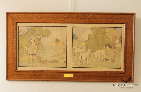 Early 20th C. Mary Louise Spoor 'Little Bo Peep' Lithograph, Oak Frame