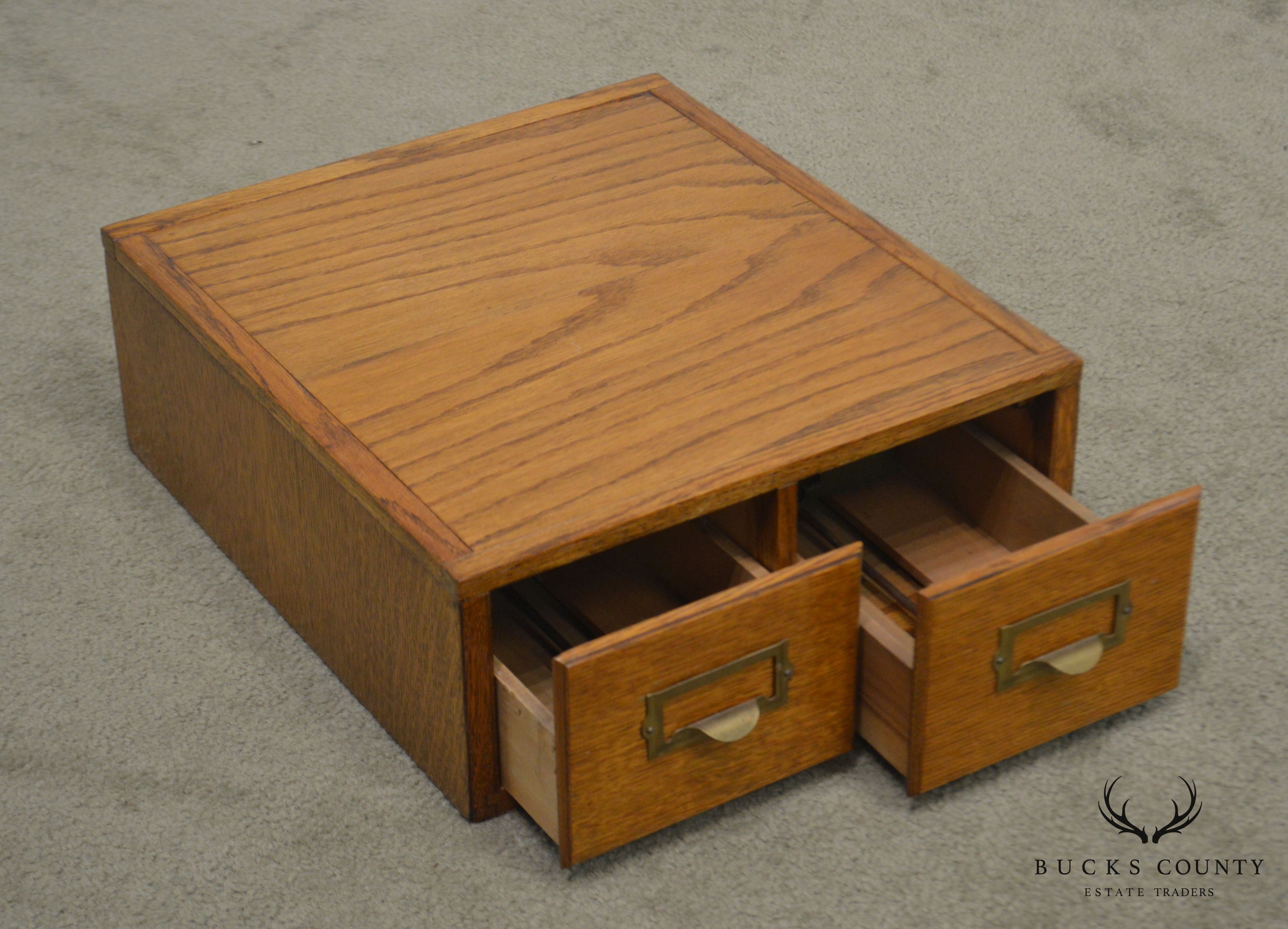 Antique Oak Desktop 2 Drawer Library Card File Cabinet