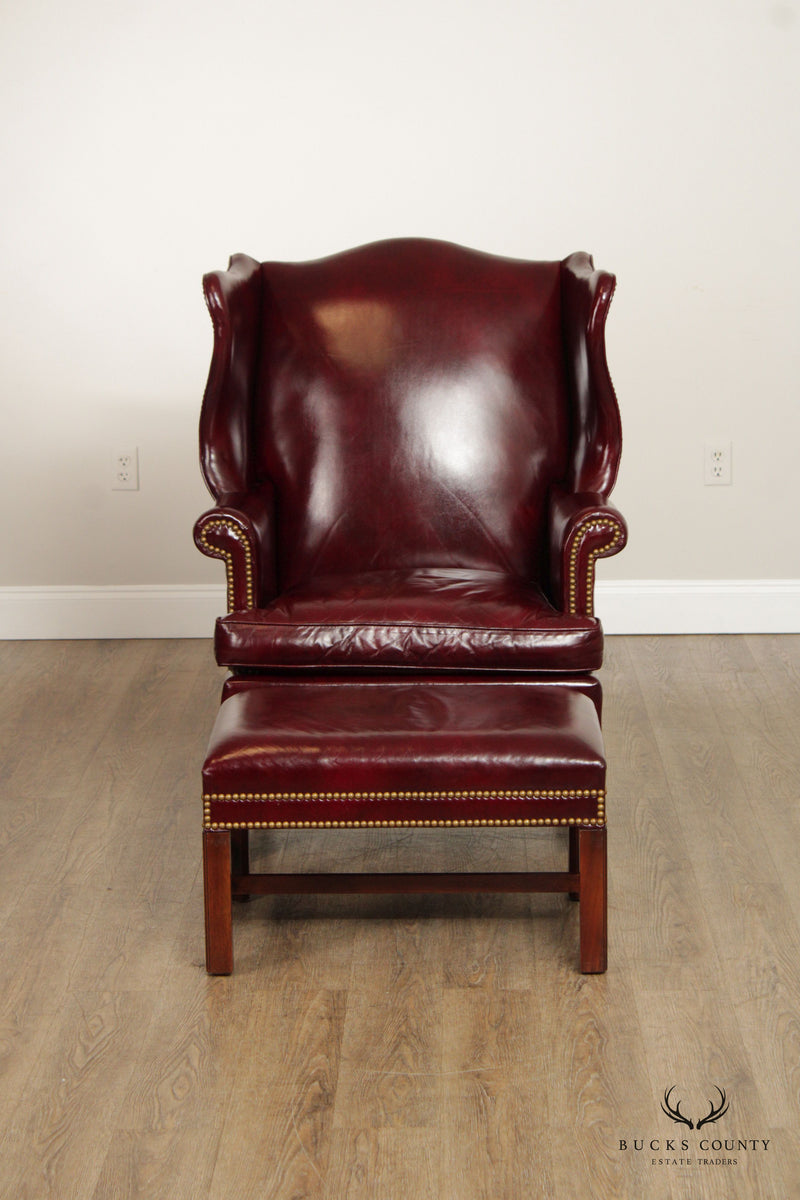 Hickory Chair Chippendale Style Oxblood Leather Wing Chair and Ottoman