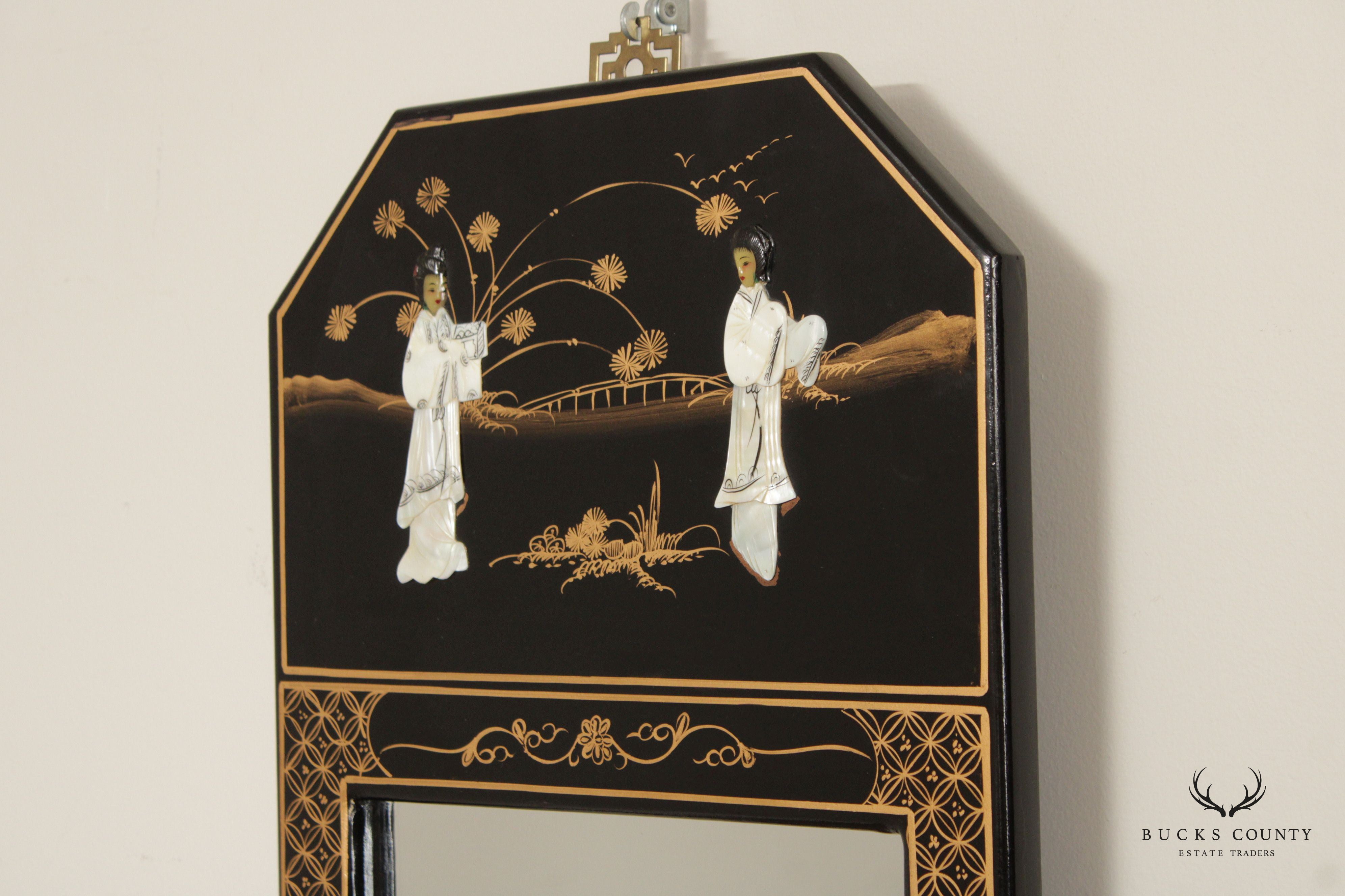 Chinoiserie Decorated Black Lacquer Trumeau Mirror