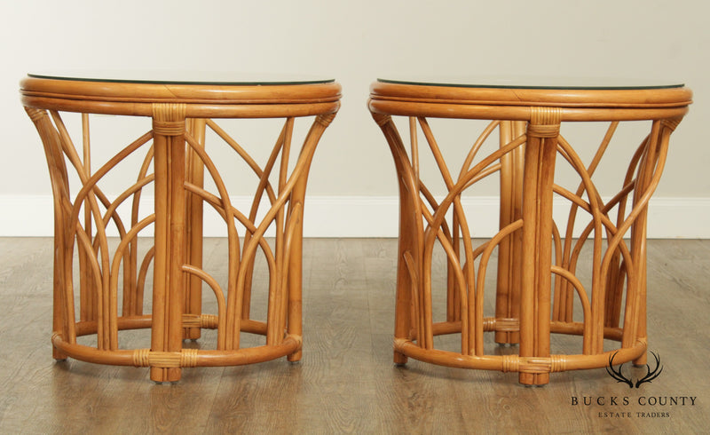 Quality Vintage Pair Rattan Round Glass Top Side Tables
