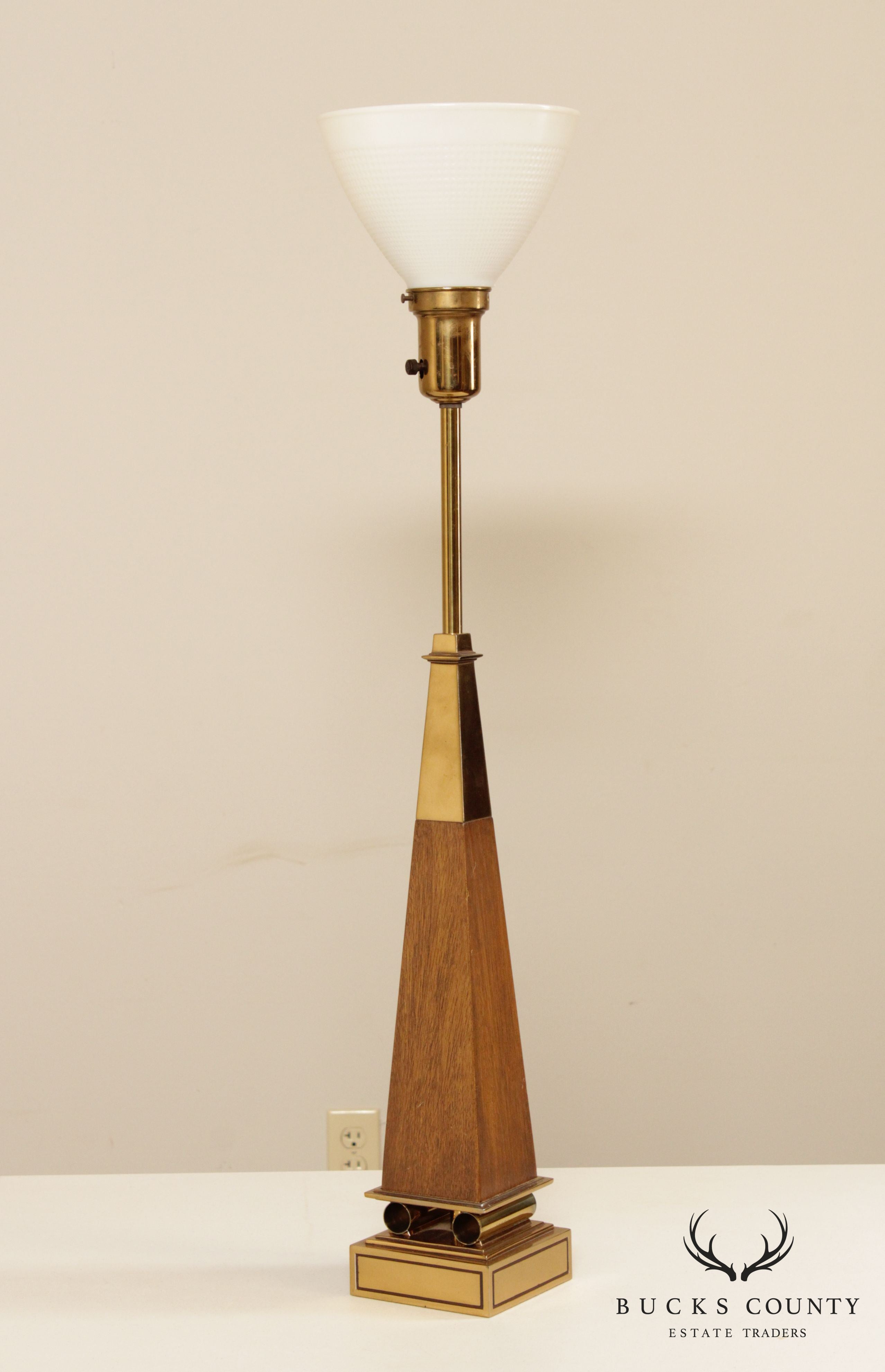 Stiffel Mid Century Brass & Walnut Obelisk Table Lamp