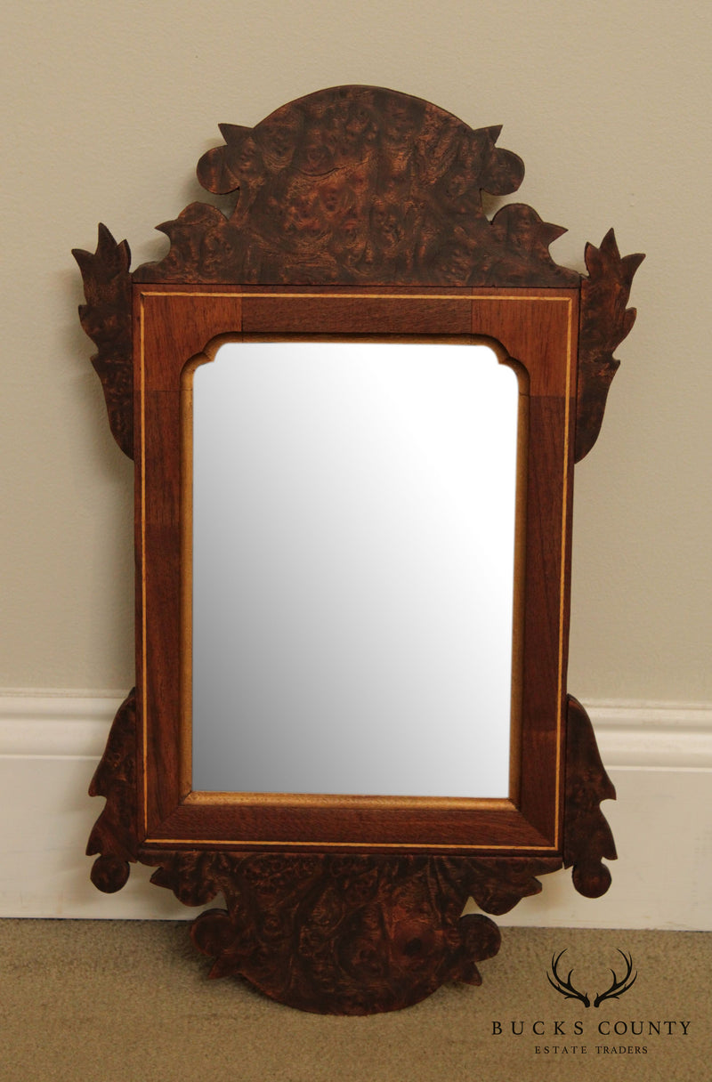 Chippendale Style Hand Crafted Mahogany & Burl Wood Pair Small Mirrors