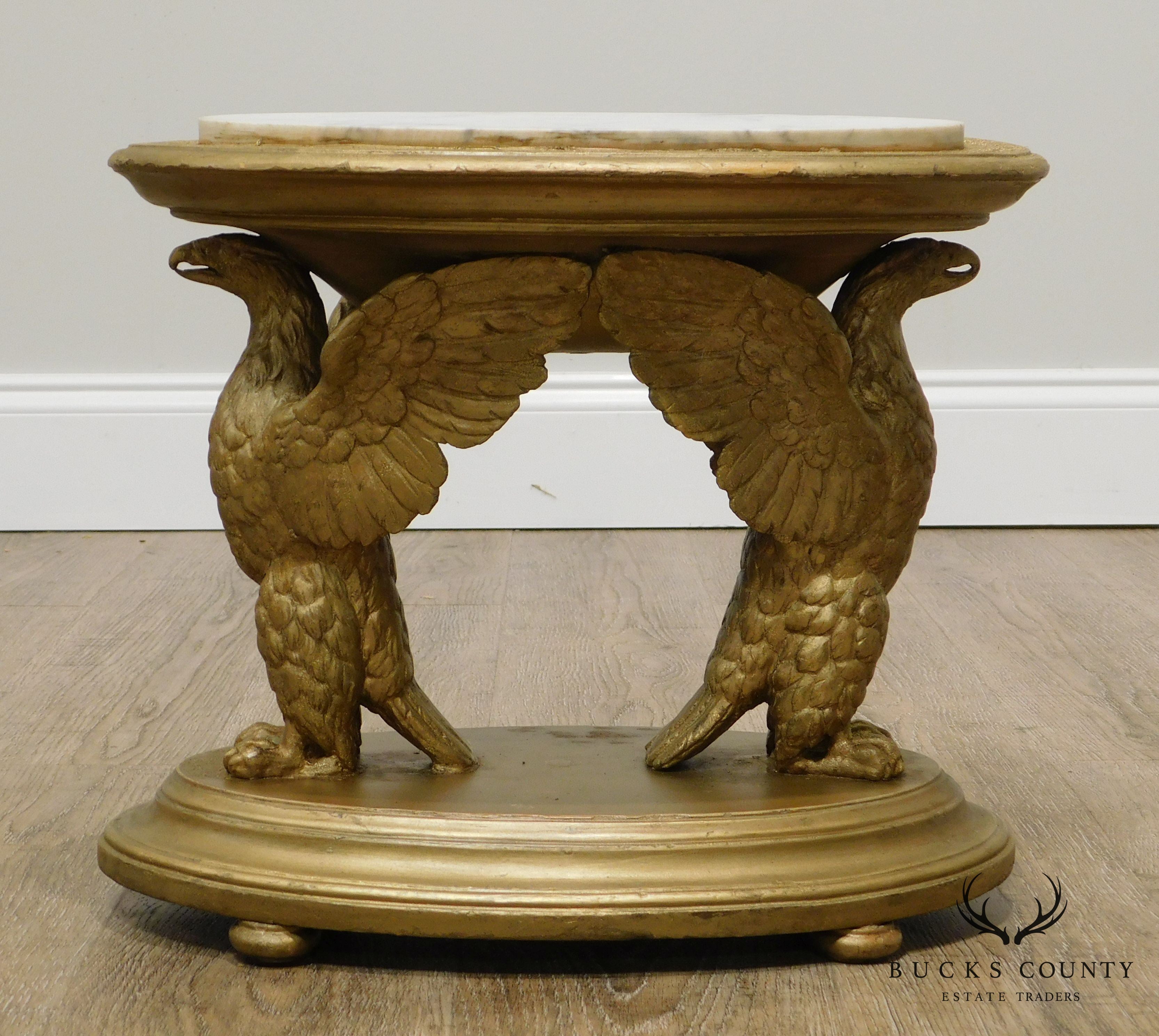 Antique Gilt Wood Carved Winged Eagle Small Marble Top Side Table