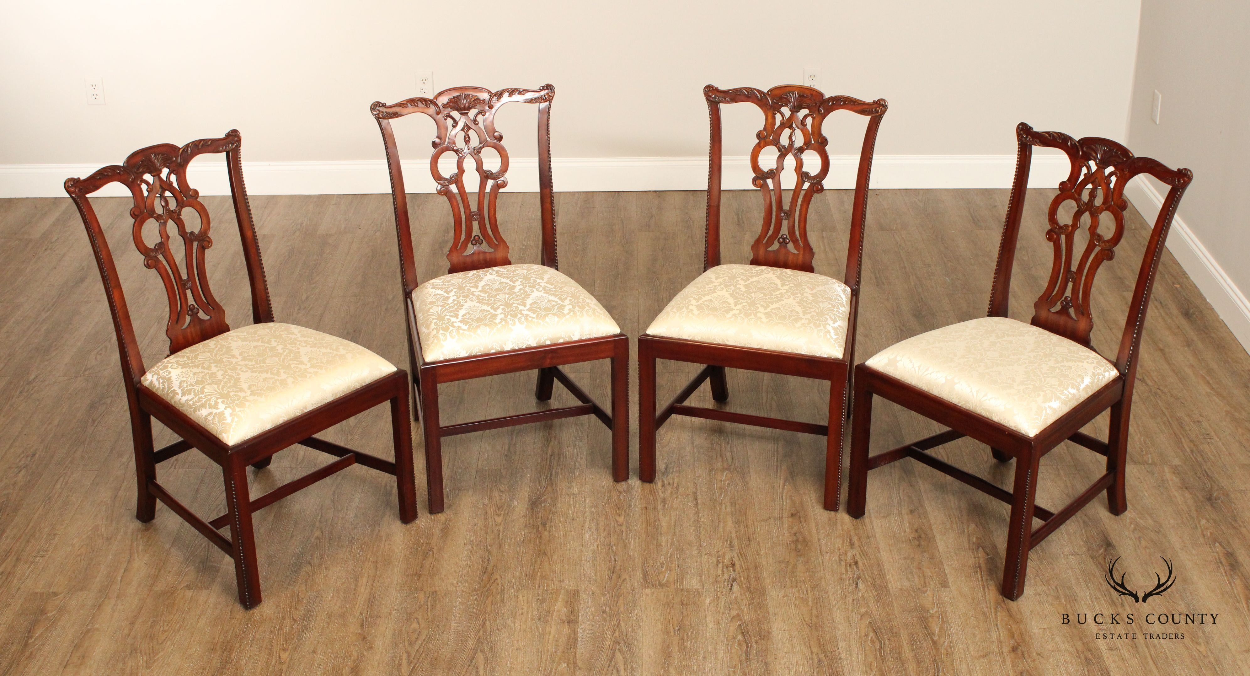 Maitland Smith Chippendale Style Set of Four Carved Mahogany Dining Chairs