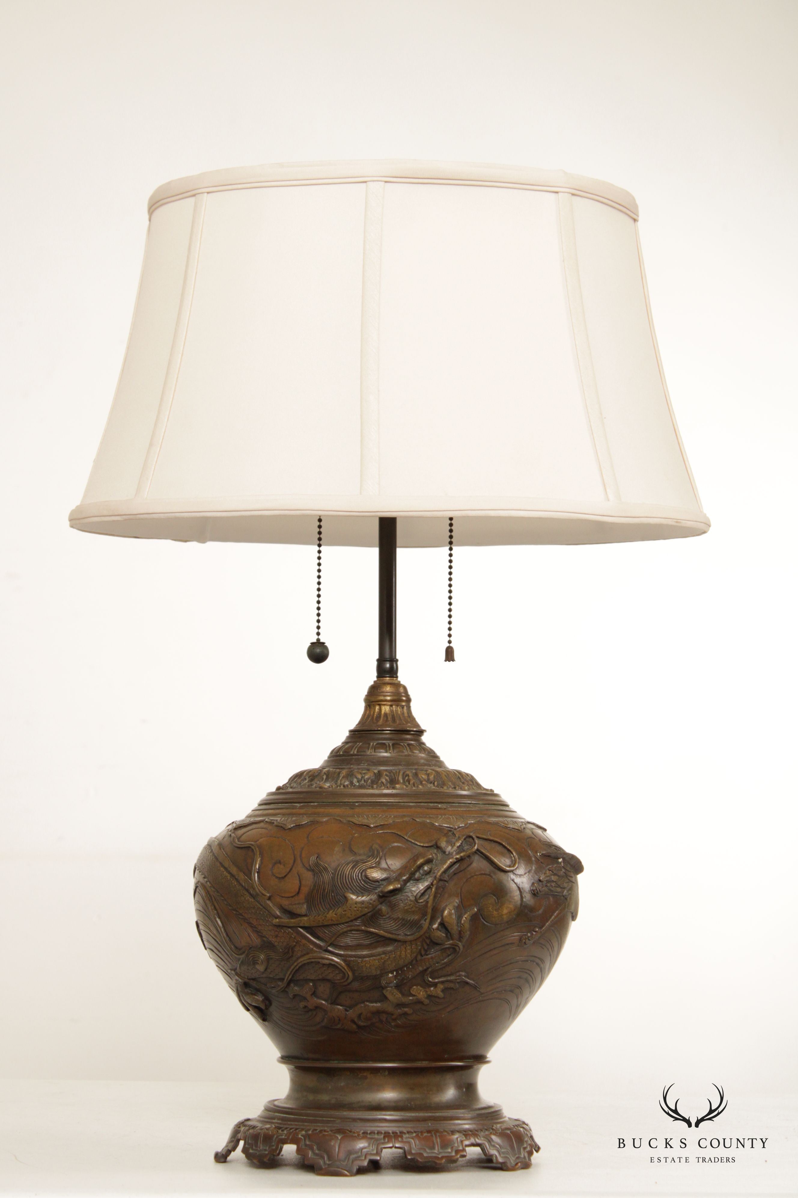 Antique Chinese Bronze Dragon Table Lamp with Shade