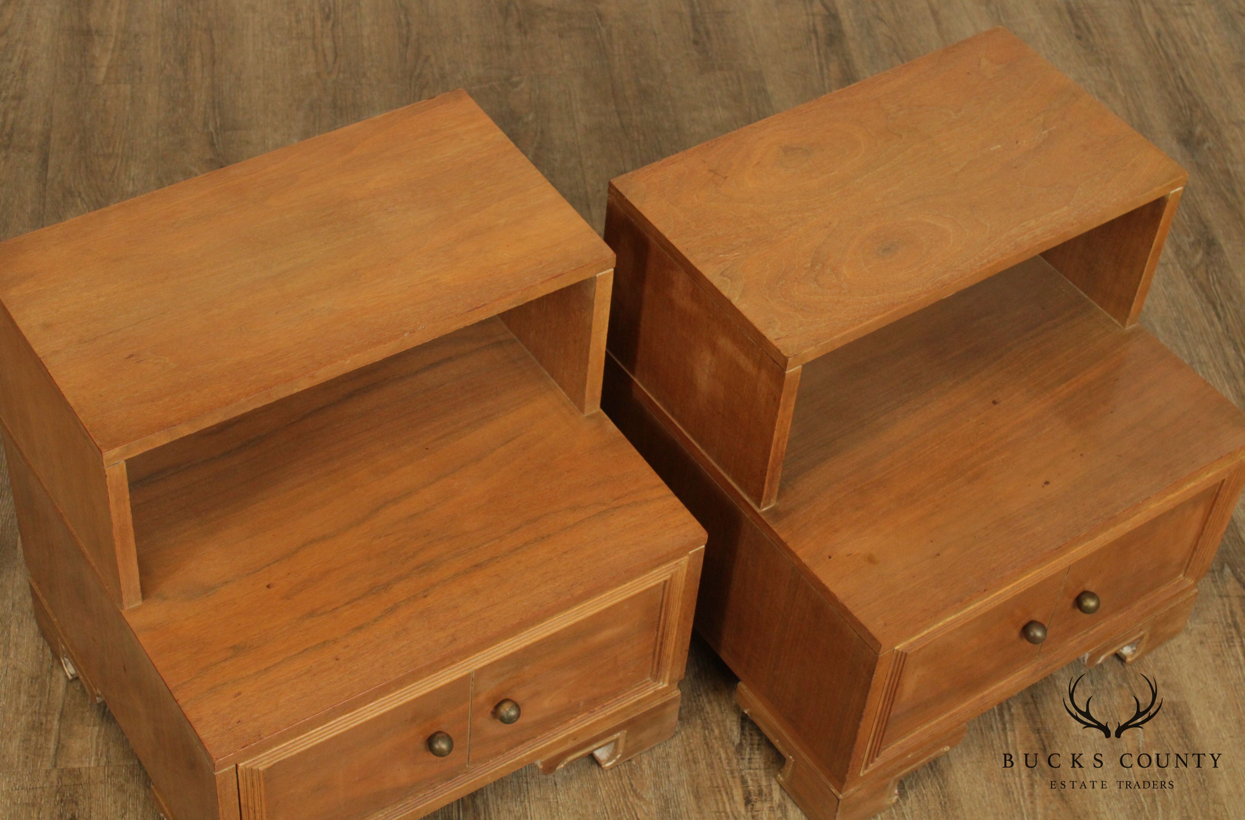 Mid Century Modern James Mont Inspired Pair Walnut Step Nightstands