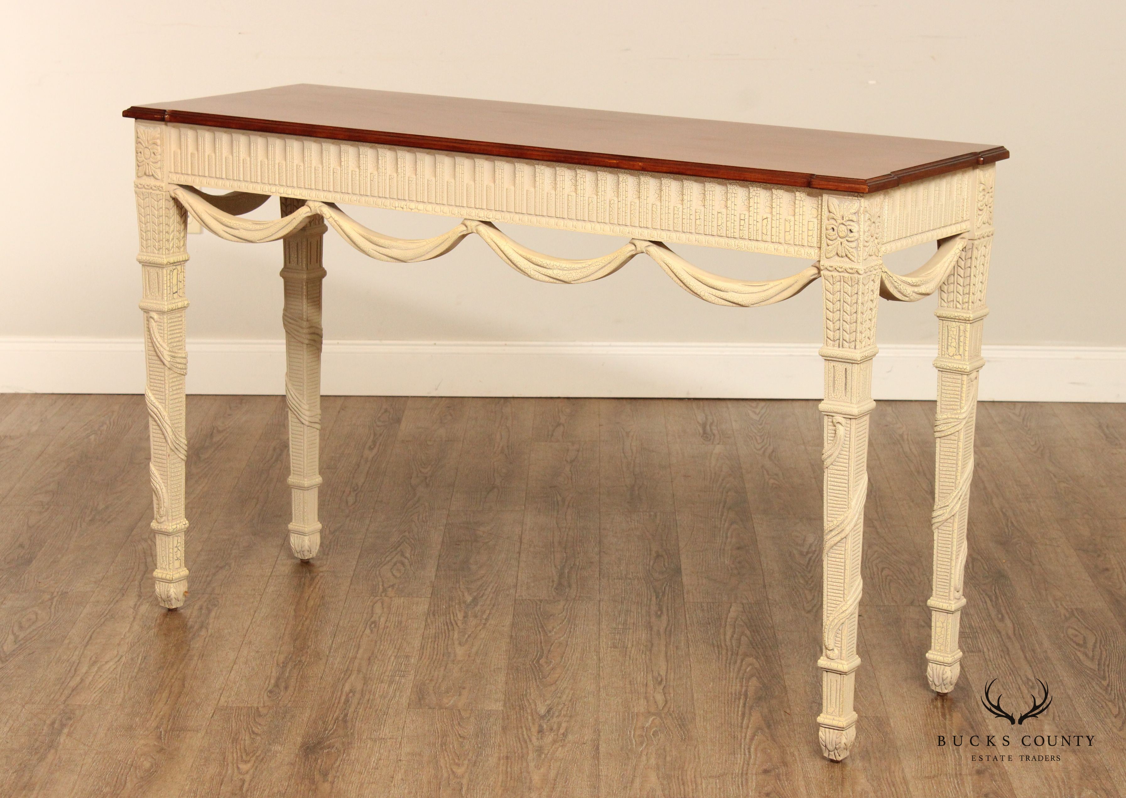 French Louis XVI Style Pair of Painted Base Cherry Console Tables