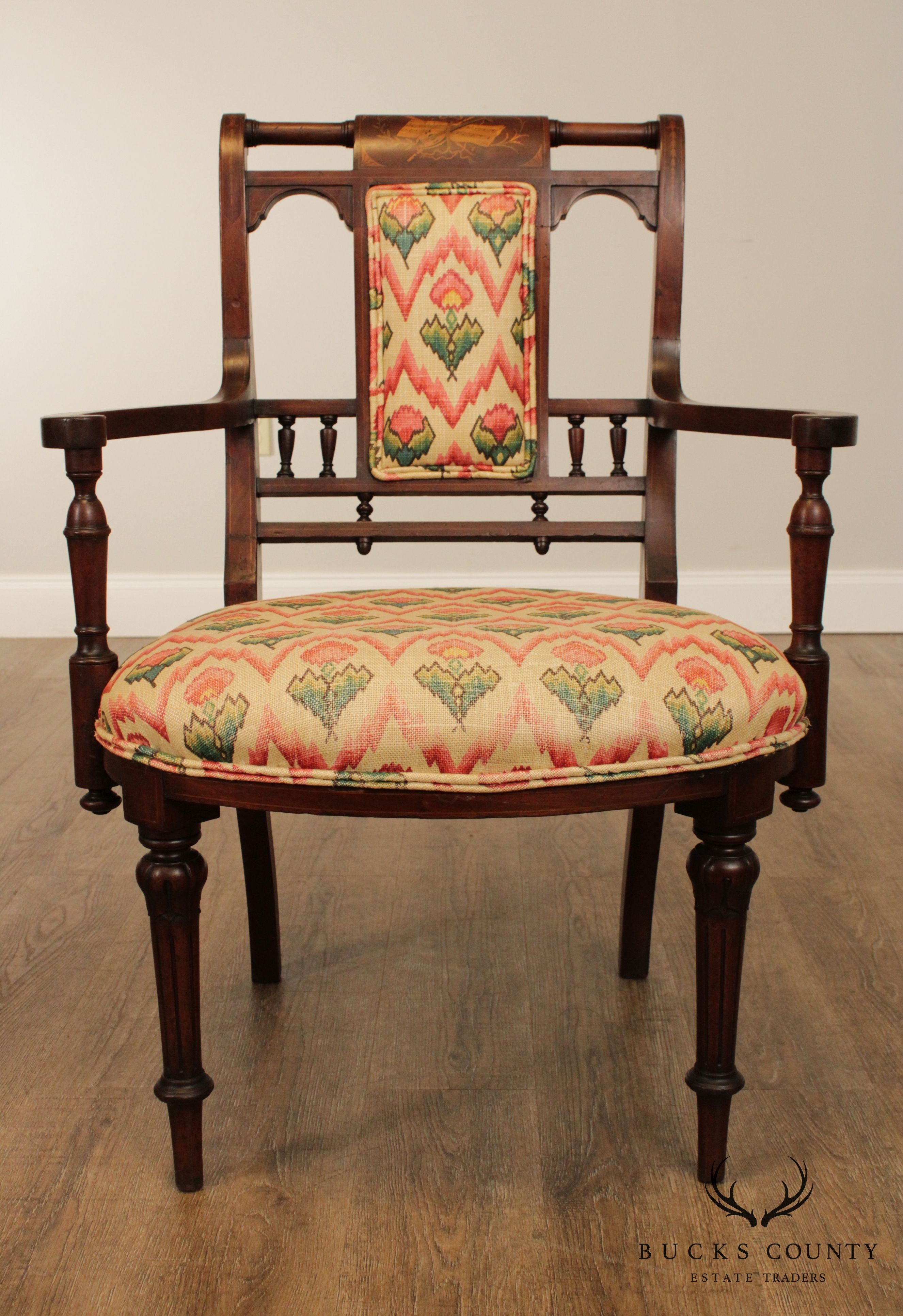 Antique Eglantine Marquetry Inlaid Pair Walnut Armchairs