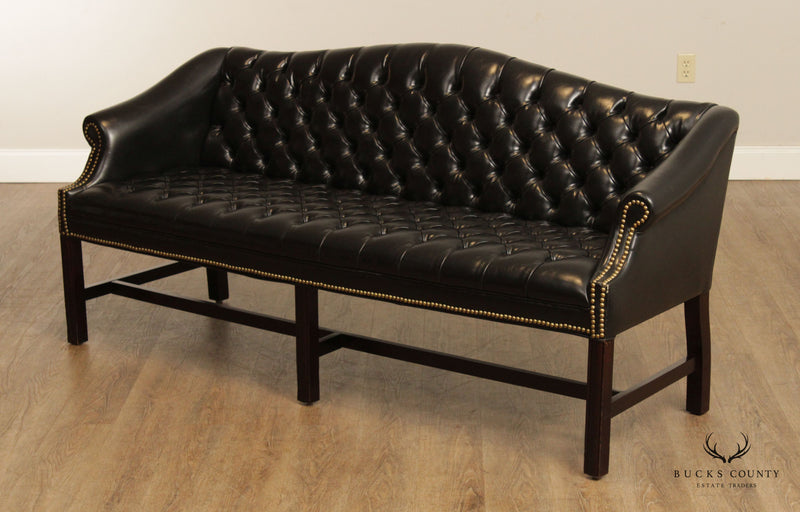 Chippendale Style Vintage Black Tufted Faux Leather Camelback Sofa