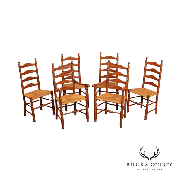 Shaker Farmhouse Style Vintage Set of Six Rush-Seat Ladder Back Dining Chairs