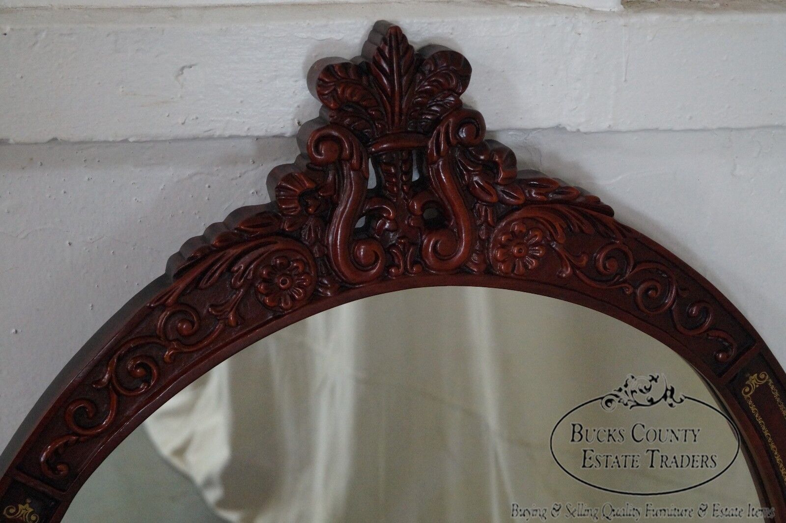 Carved Mahogany & Tooled Leather Oval Wall Mirror circa 1950s