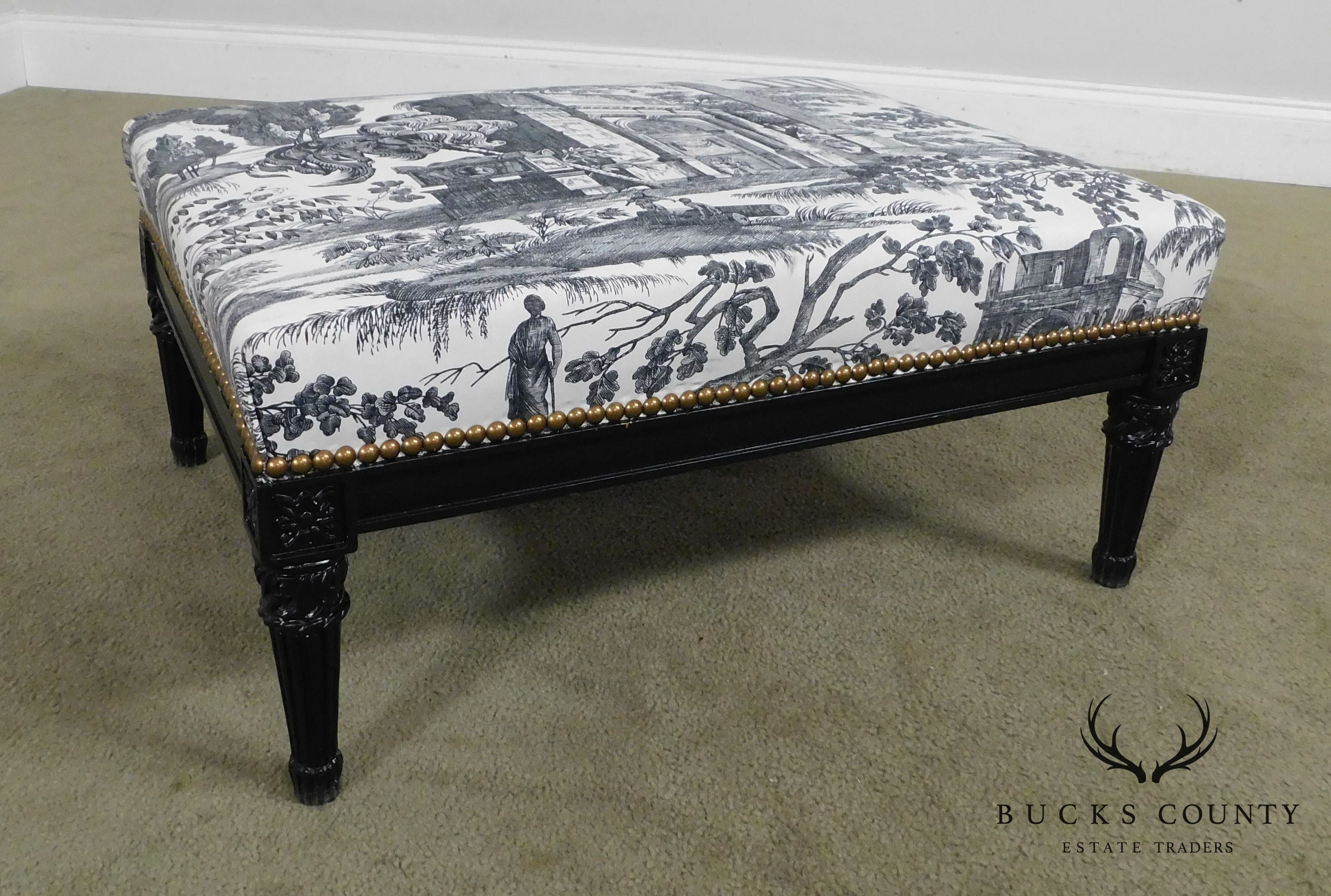 French Louis XVI Custom Black Ebonized Footstool, Toile Upholstery