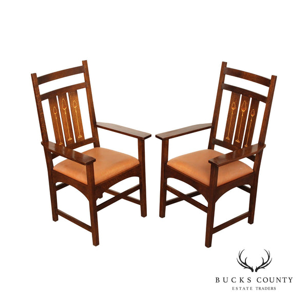 Stickley Harvey Ellis Inlaid Mission Collection Pair of Oak Armchairs