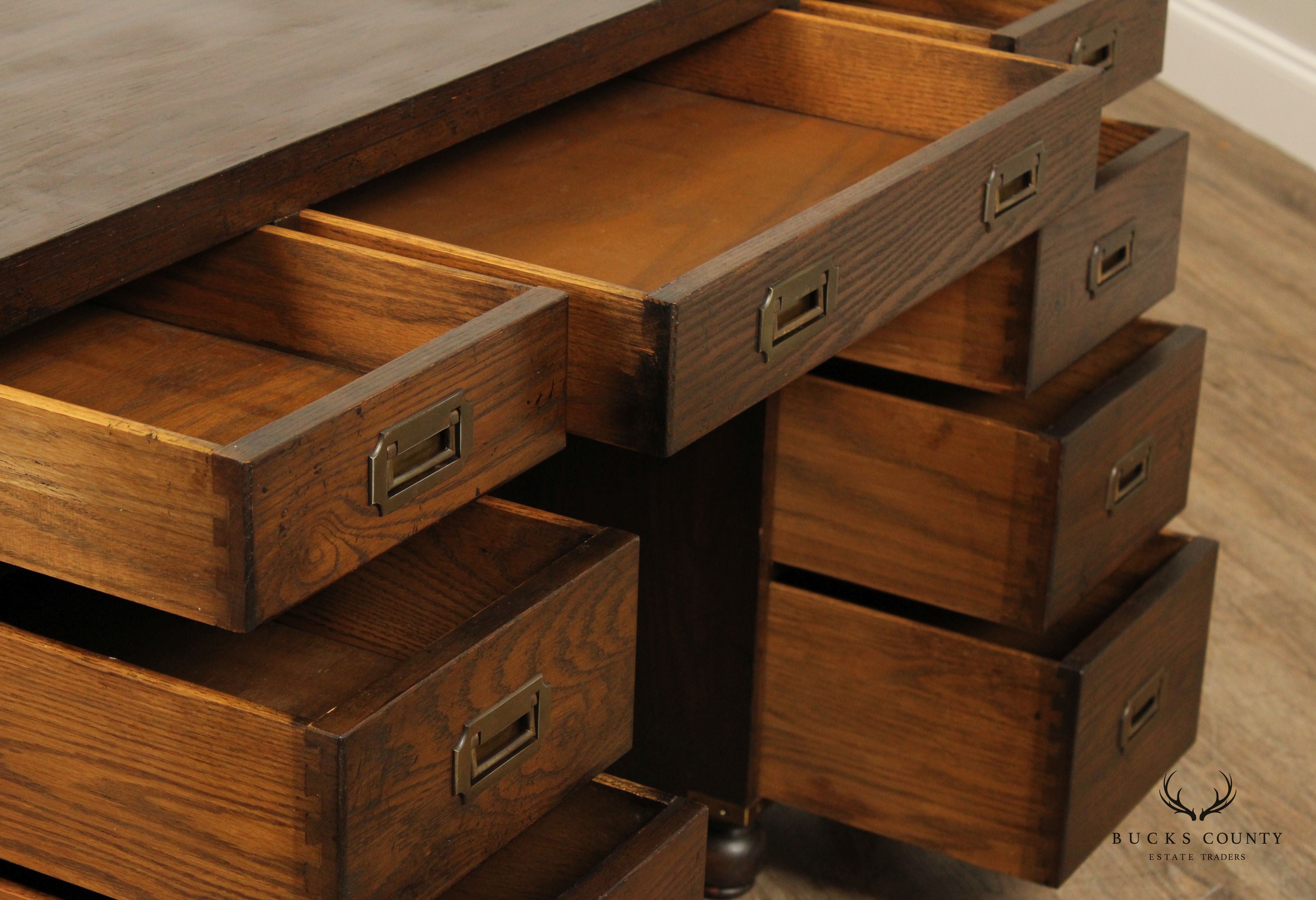 Campaign Style Vintage Oak Pedestal Writing Desk