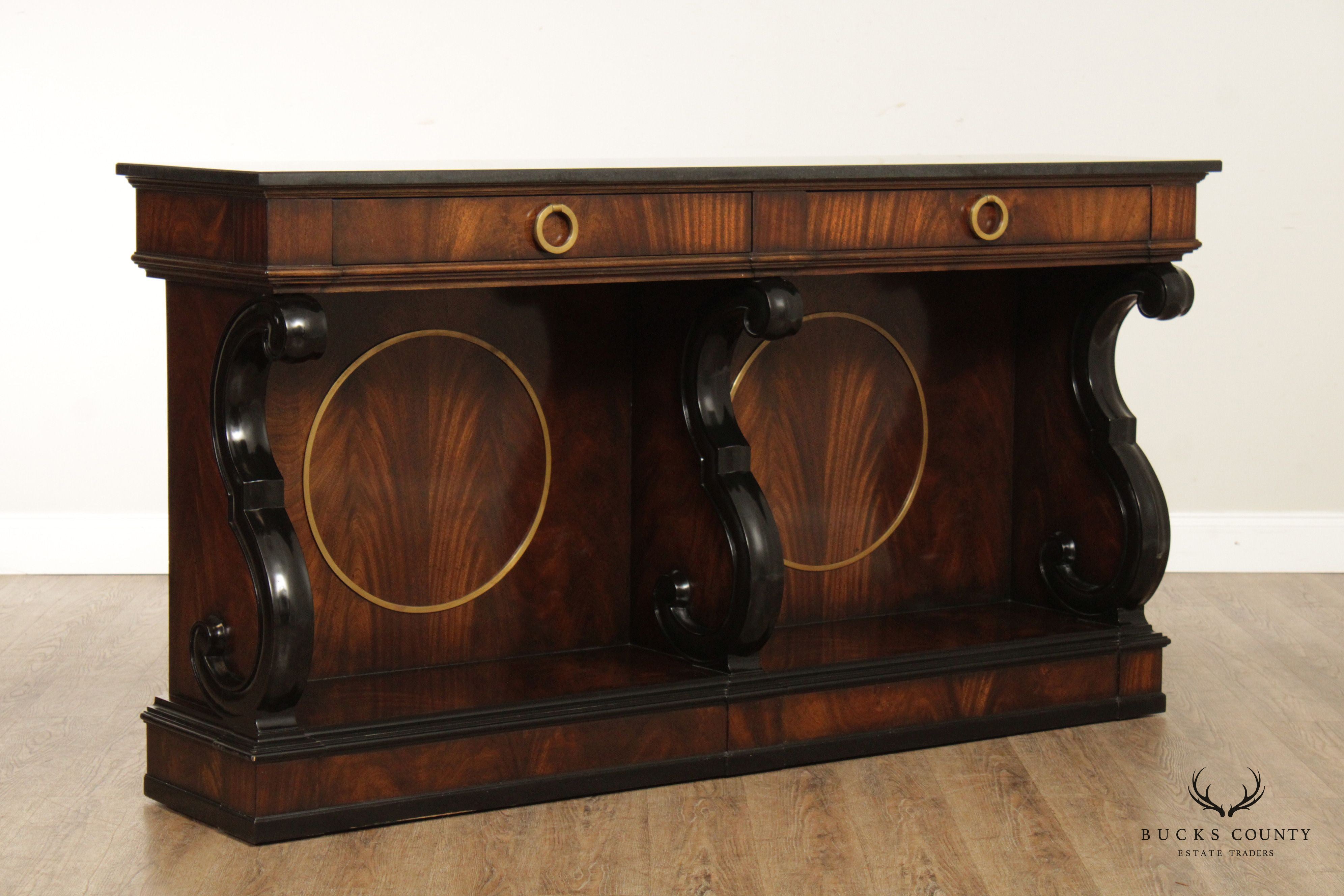 Mahogany Regency Style Granite Top Sideboard with Scroll Brackets