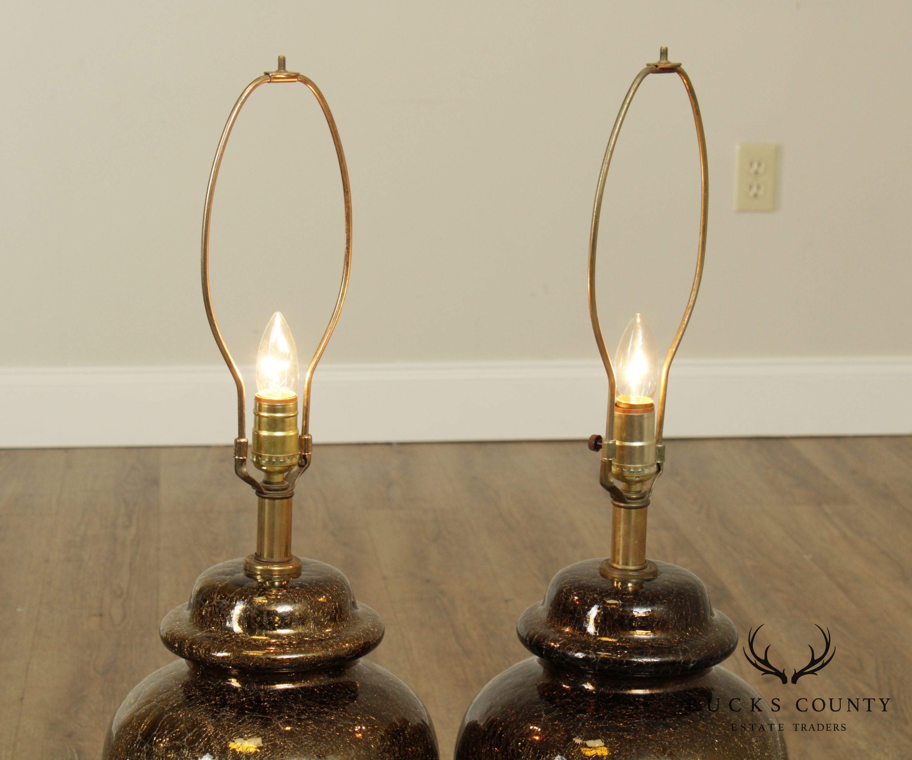 Hollywood Regency 1970's Vintage Pair Gold Crackle Glass Ginger Jar Lamps