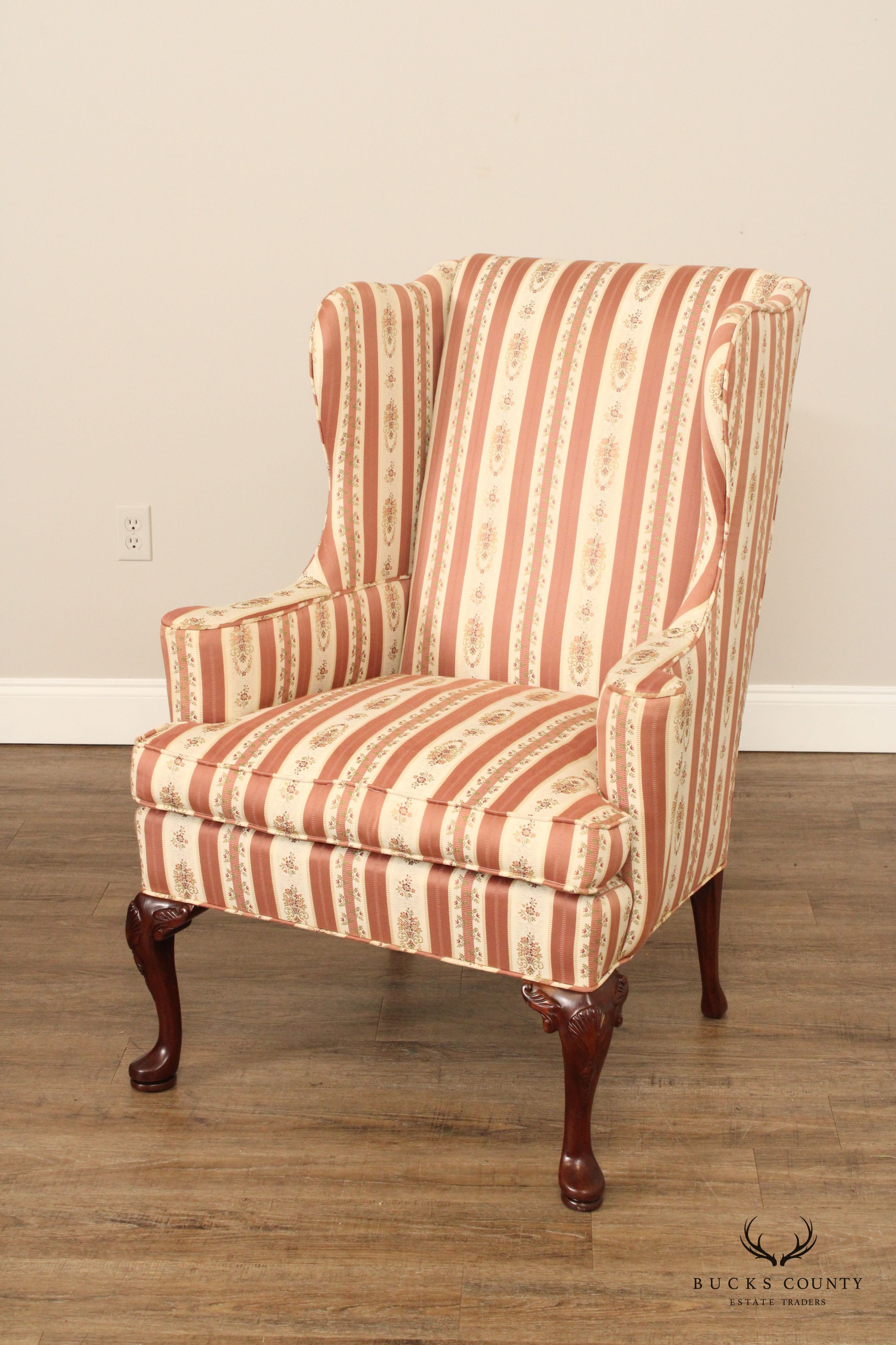 Hickory Chair Queen Anne Style Pair of Mahogany Wing Chairs