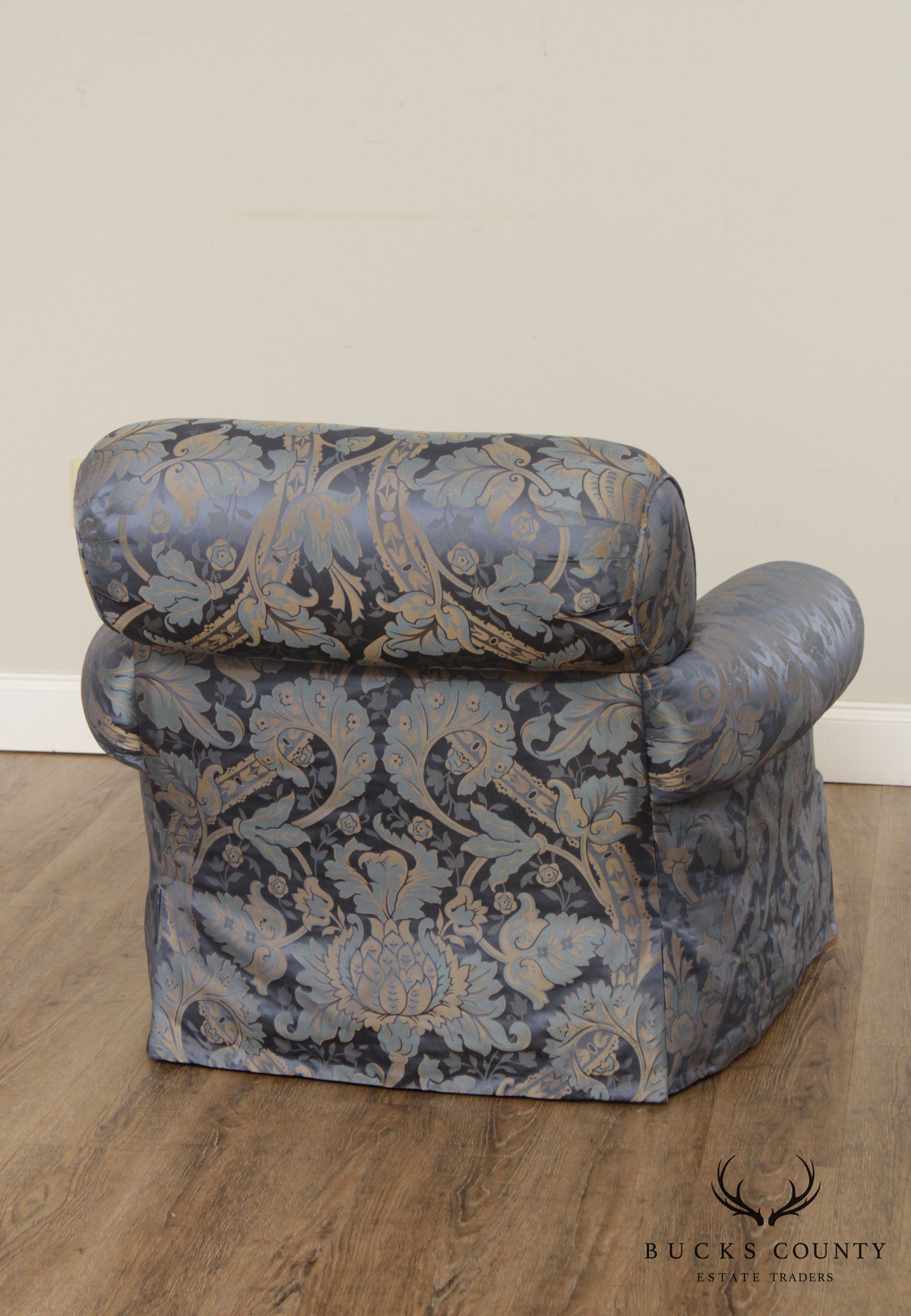 Custom Blue Damask Upholstered Living Room Chair