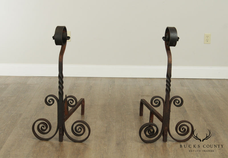 Vintage Hand Forged Iron Pair Andirons