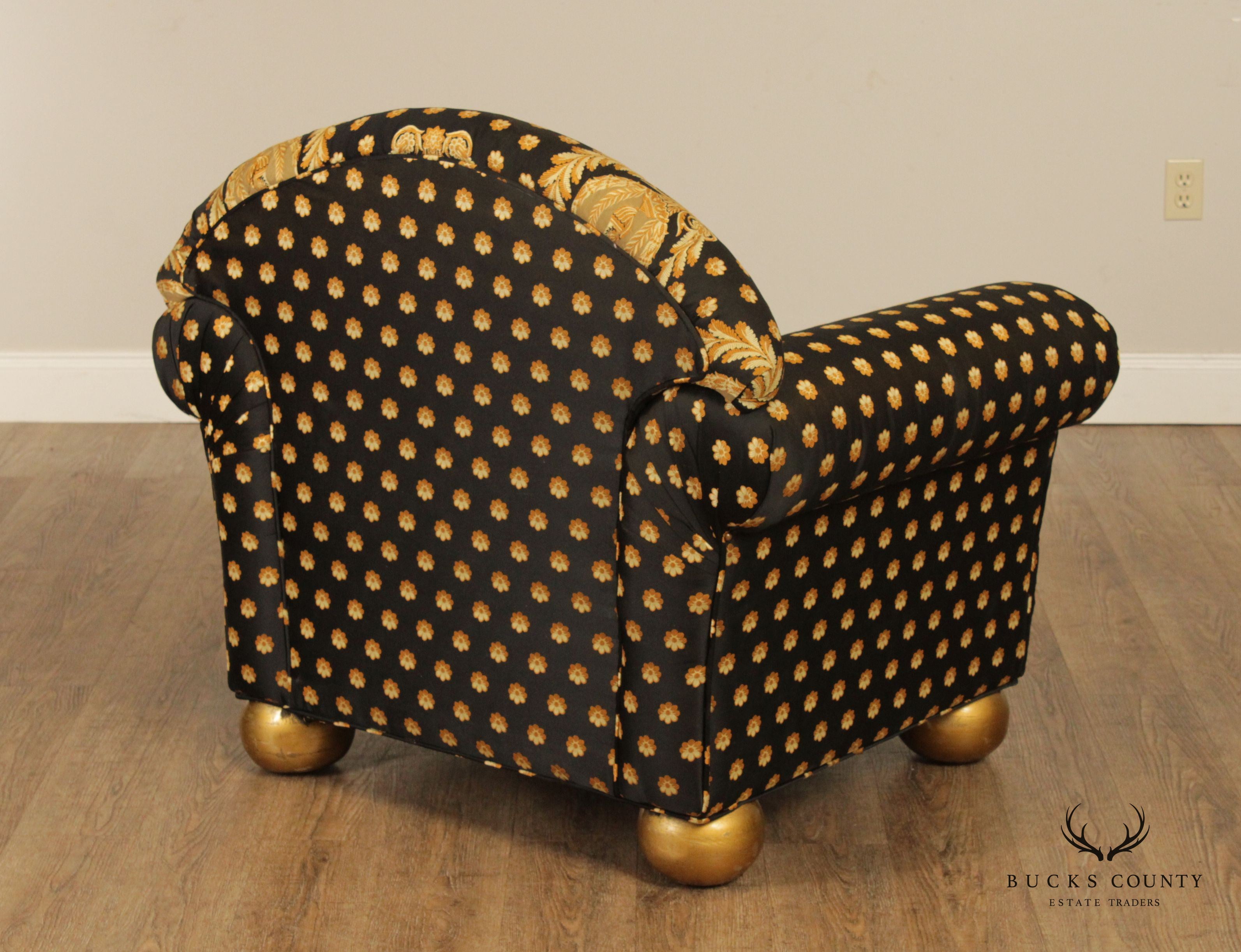 Pair of Custom Black and Gold Upholstered Club Chairs