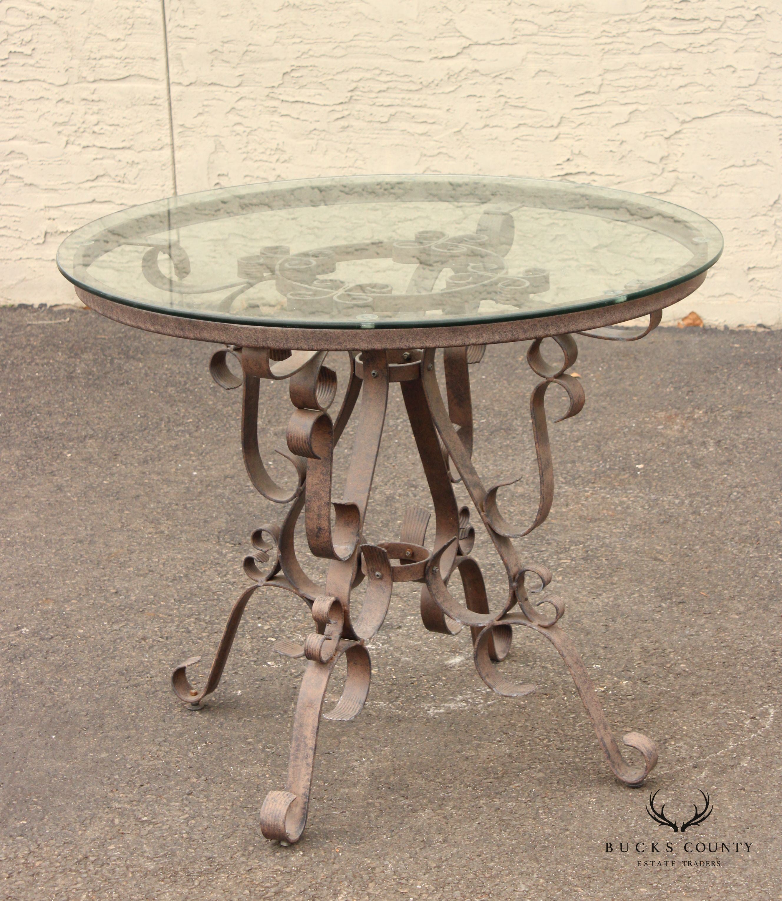 Victorian Style Vintage Glass Top Wrought Iron Garden Dining Table