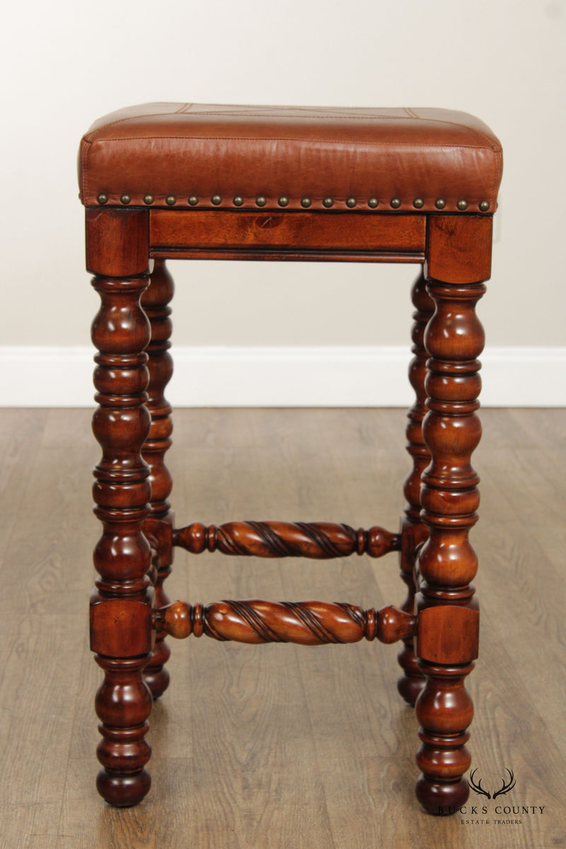 English Traditional Style Pair of Turned Wood and Leather Bar Stools