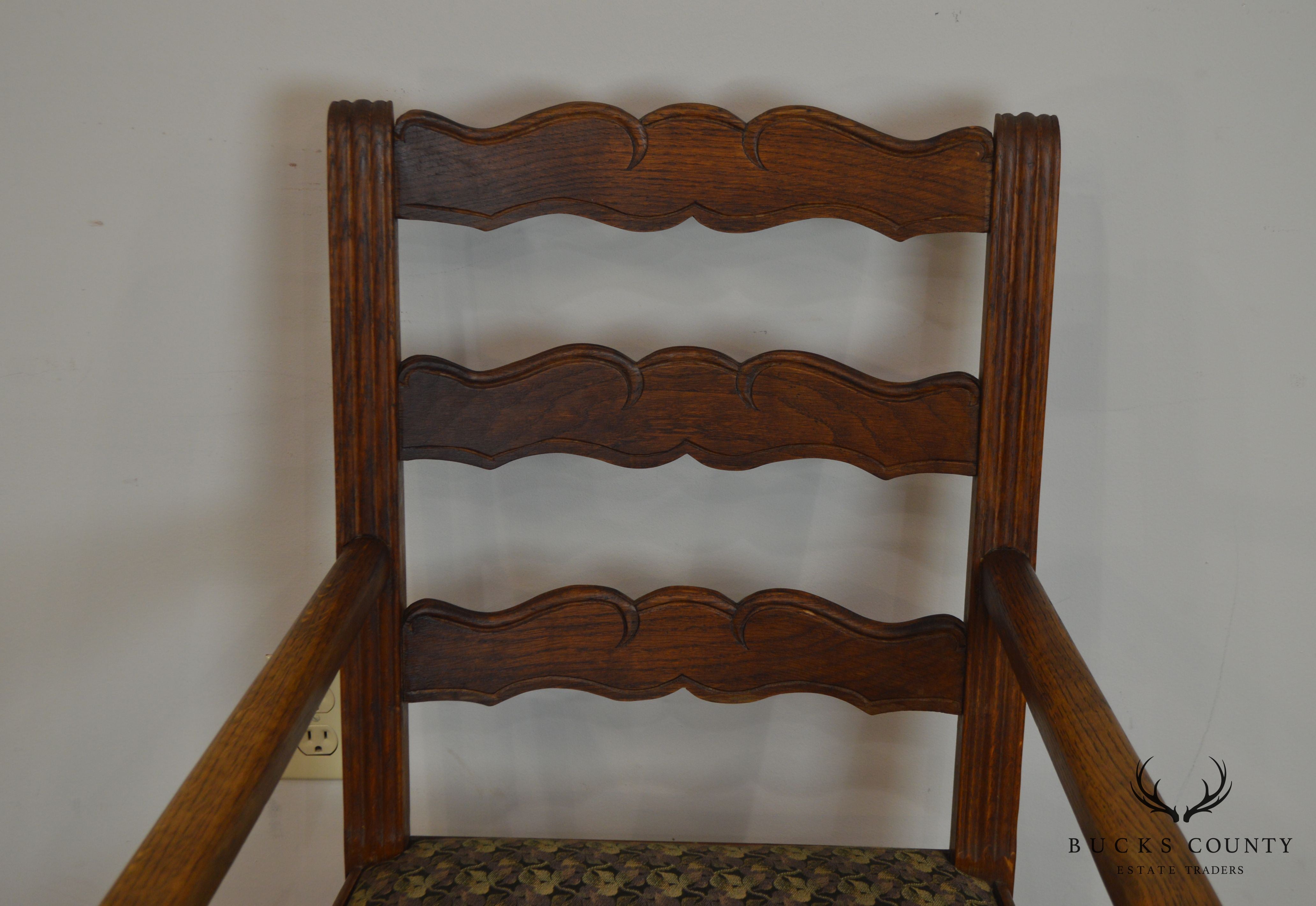 French Country Style Antique Pair Oak Ladder Back Armchairs