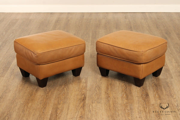 Natuzzi Editions Pair Tan Leather Upholstered Ottomans