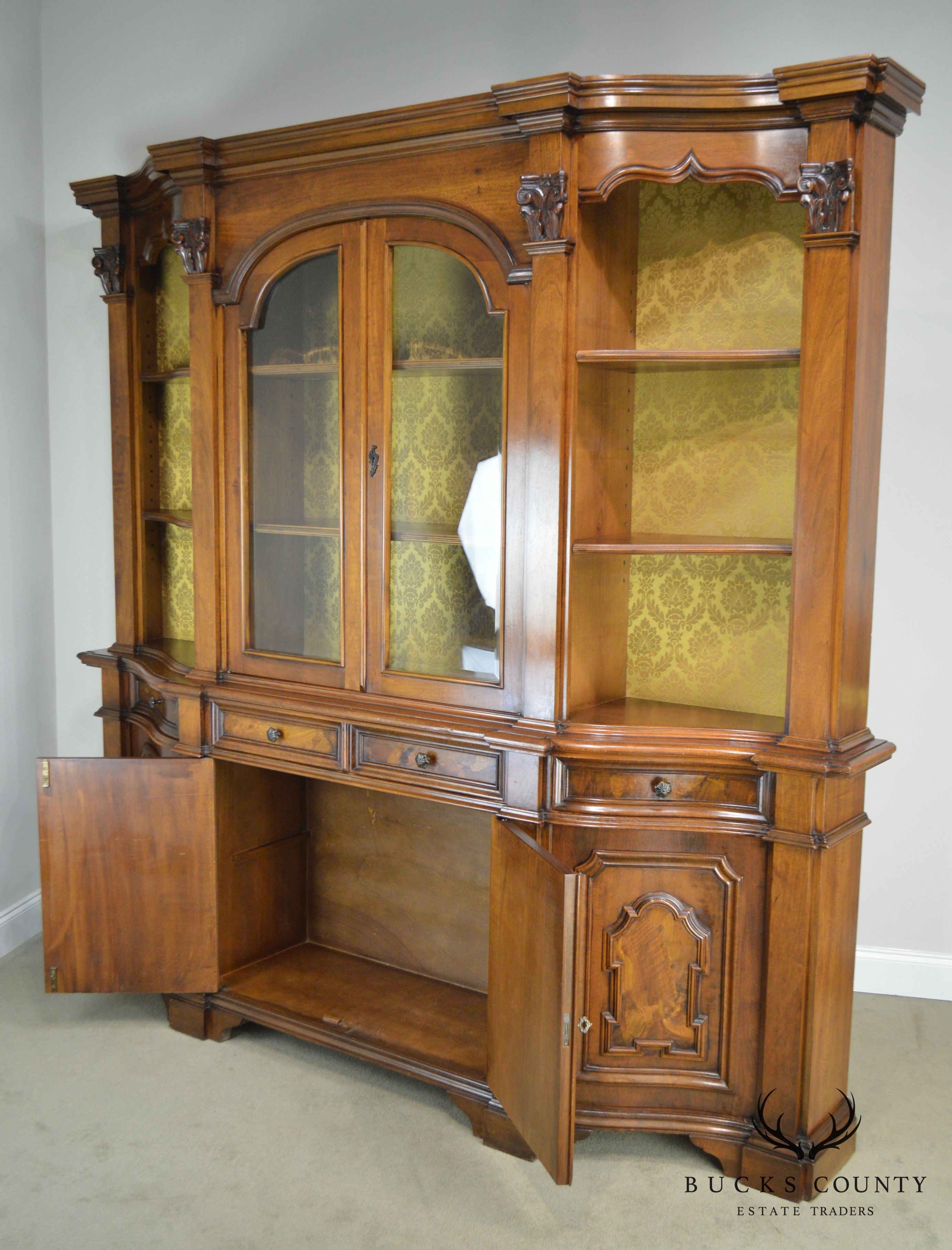 Italian Walnut Vintage 1960's Large Walnut Bookcase Breakfront