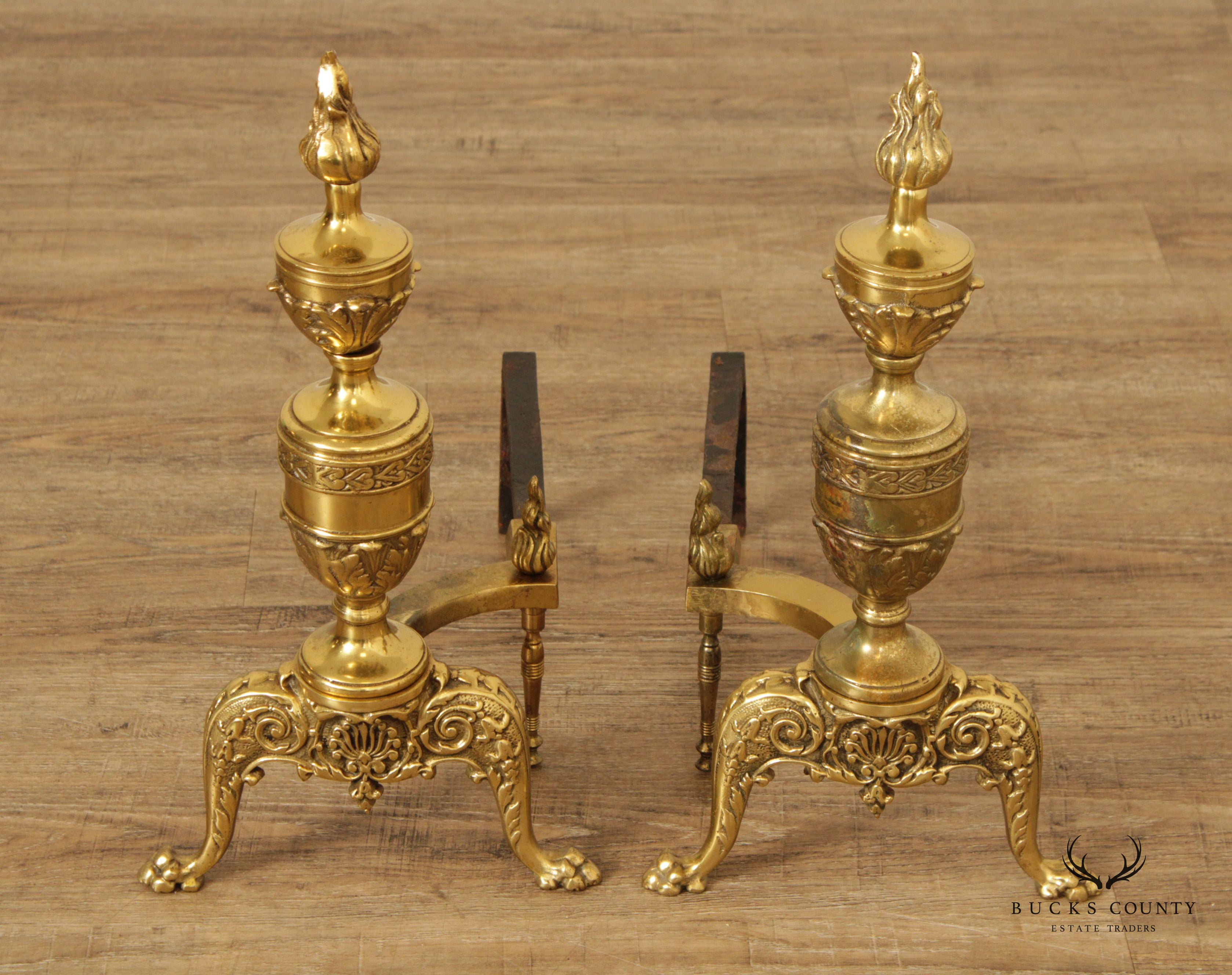 Vintage Pair of Neoclassical Style Brass Andirons