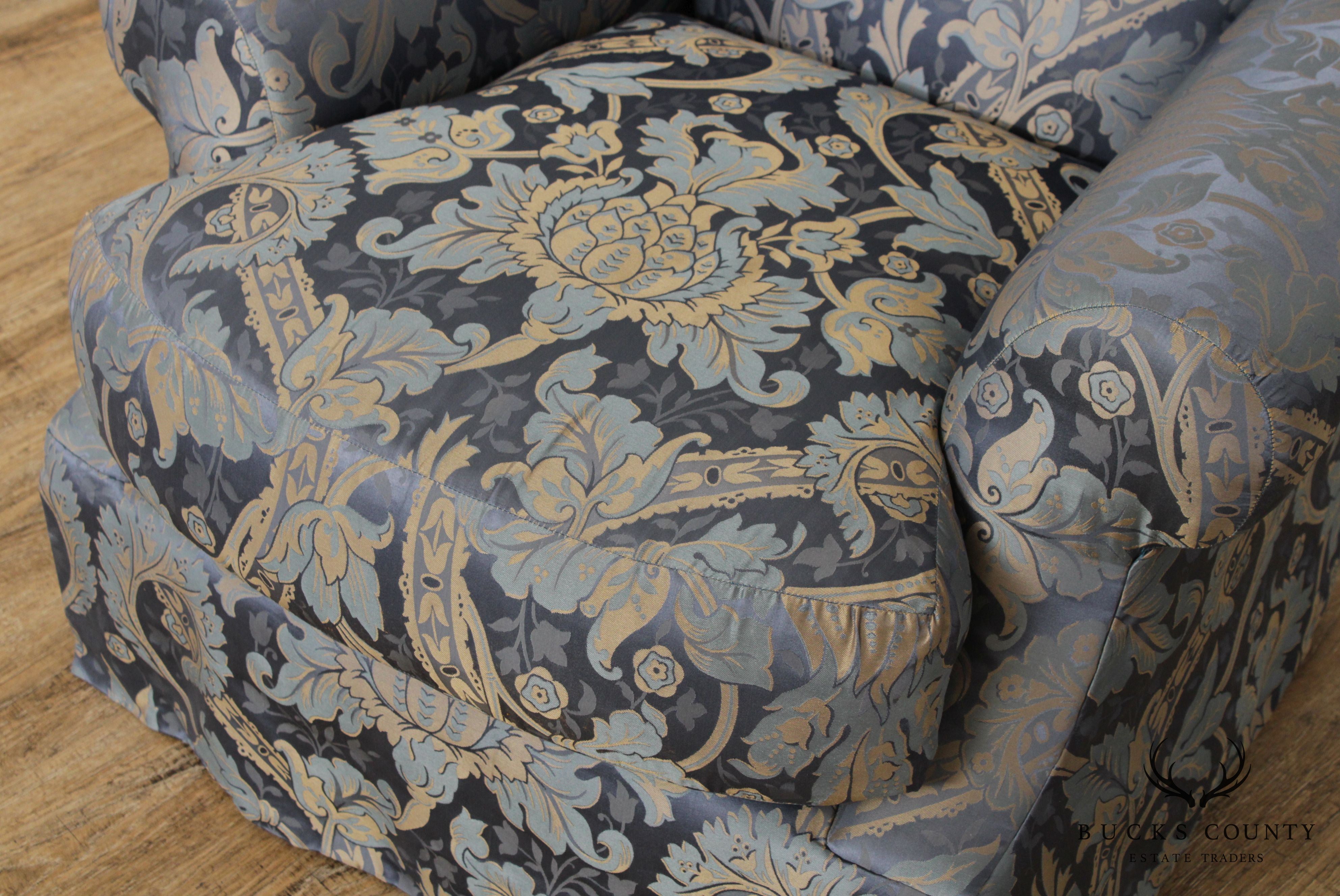 Custom Blue Damask Upholstered Living Room Chair