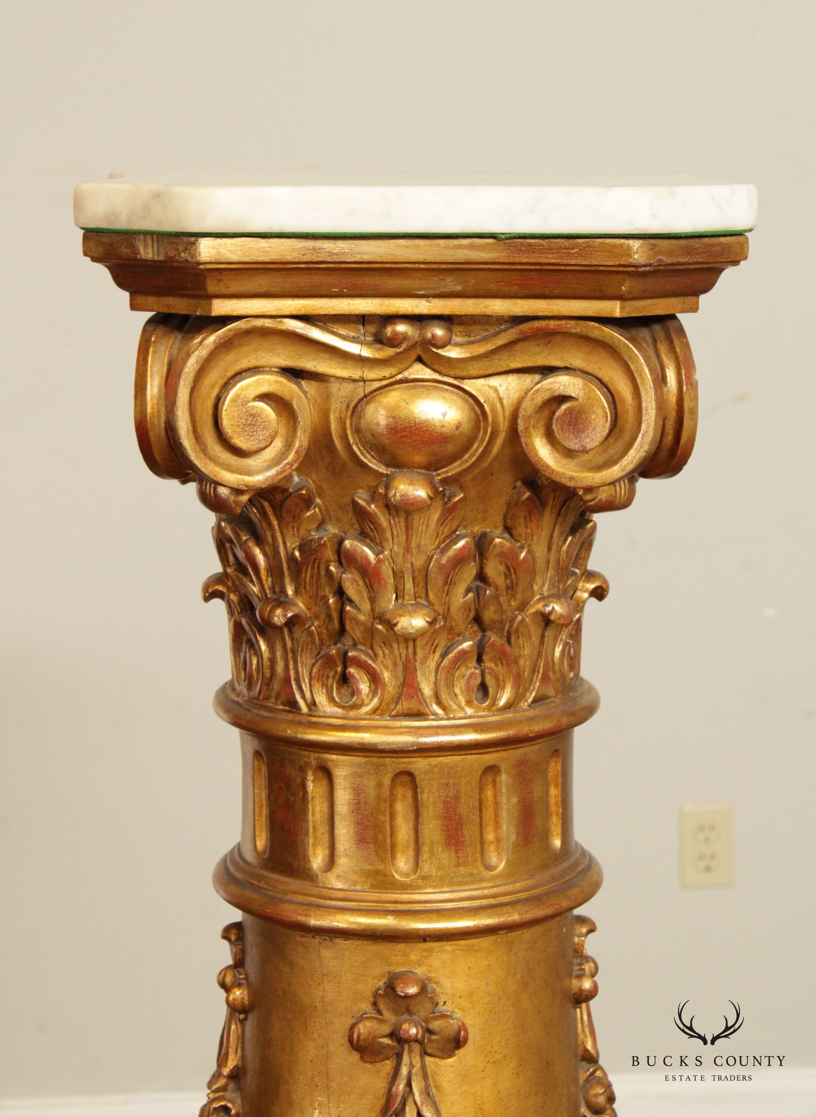 Antique 19th Century Italian Neoclassical Carved Giltwood Marble Top Pedestal