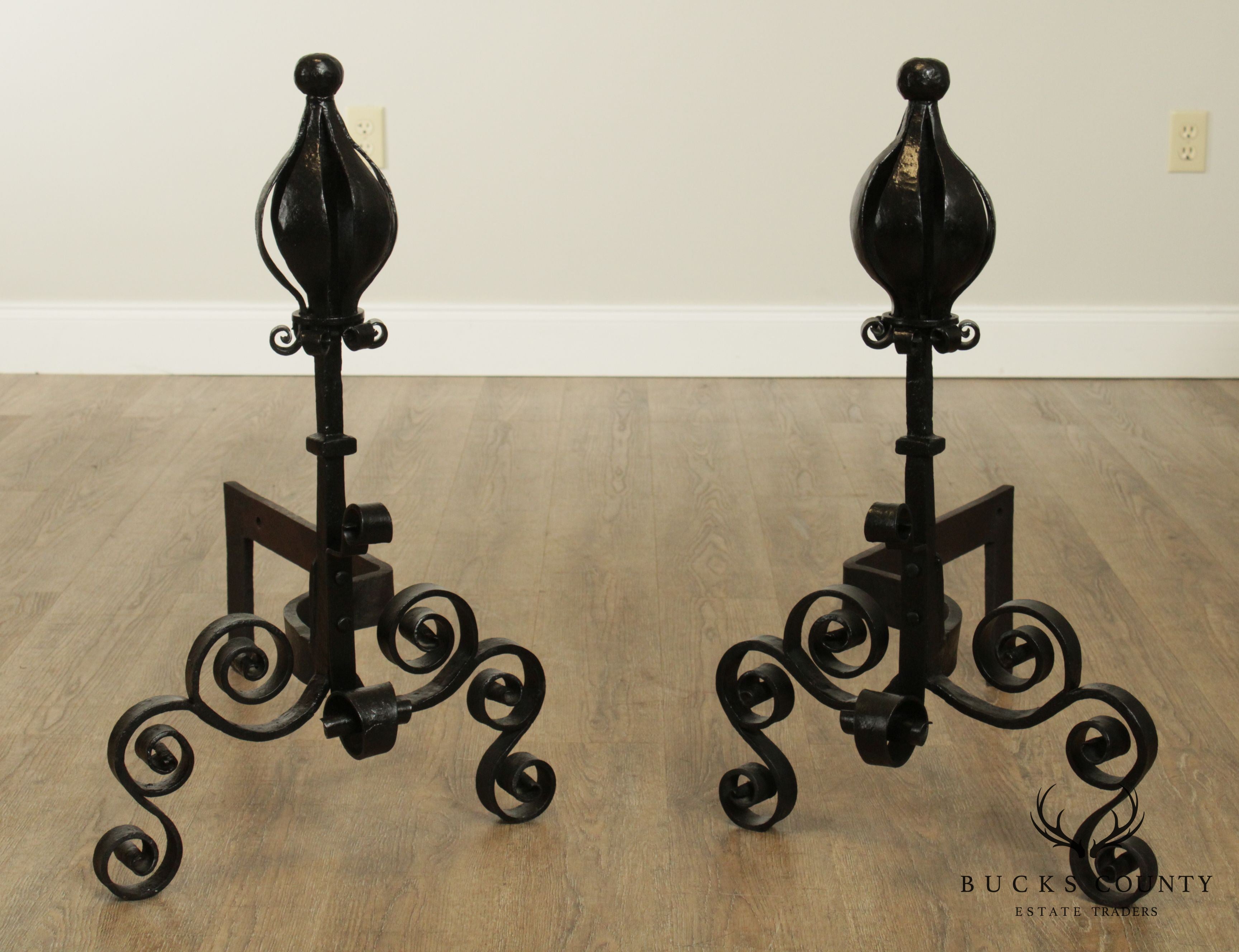 Quality Hand Forged Pair Arts and Crafts Style Andirons