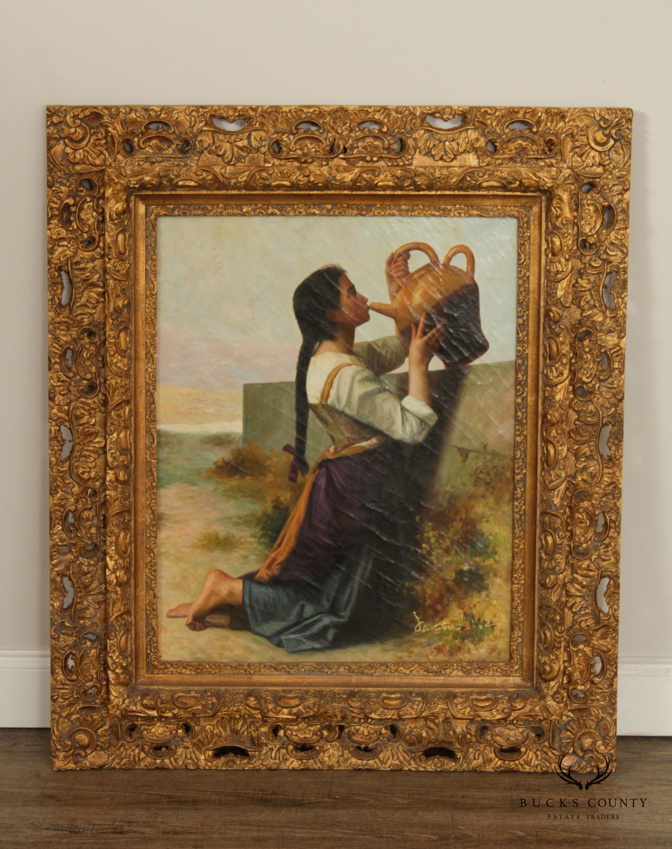 Vintage 20th C. 'Thirst' Original Oil Painting After William Adolphe Bouguereau