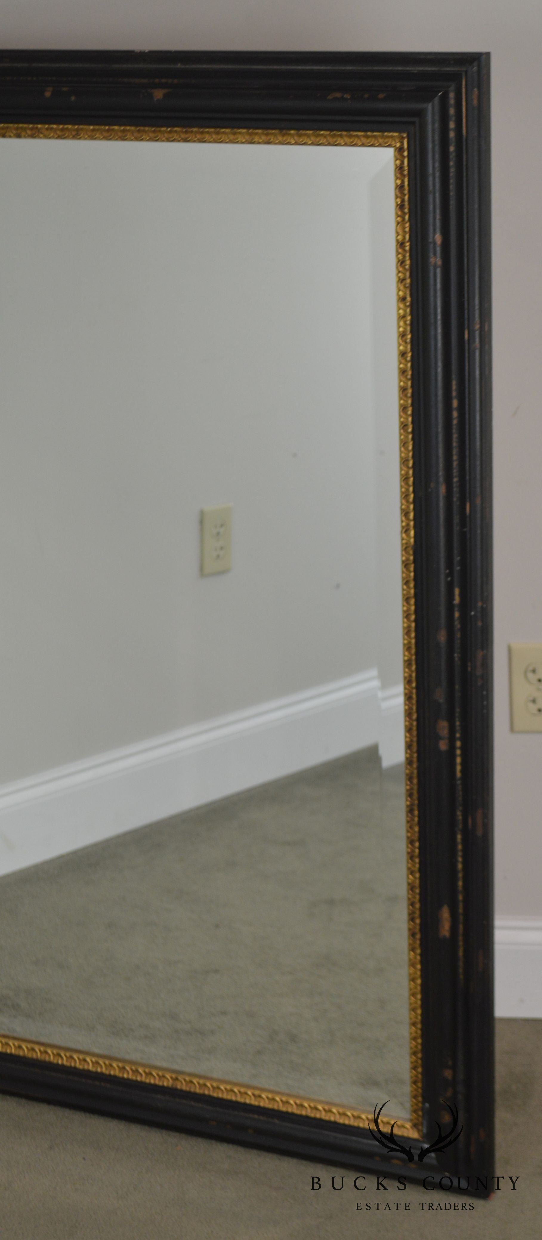 Regency Style Distressed Black & Gold Frame Rectangular Pair Beveled Mirrors